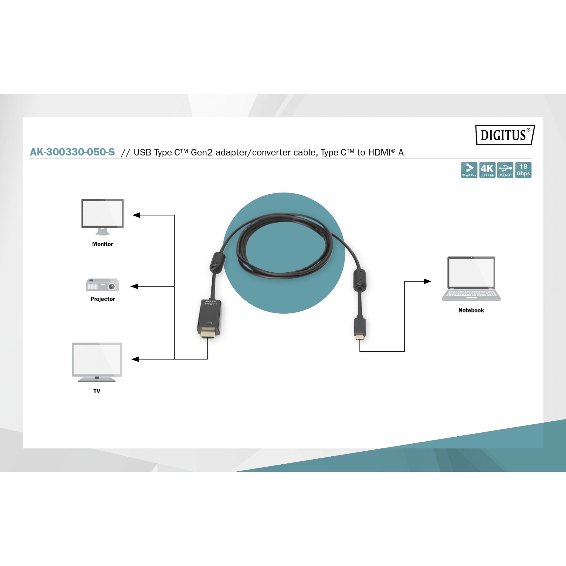 DIGITUS USB Type-CGen2 Adapter-/ Convertercable Type-C to HD