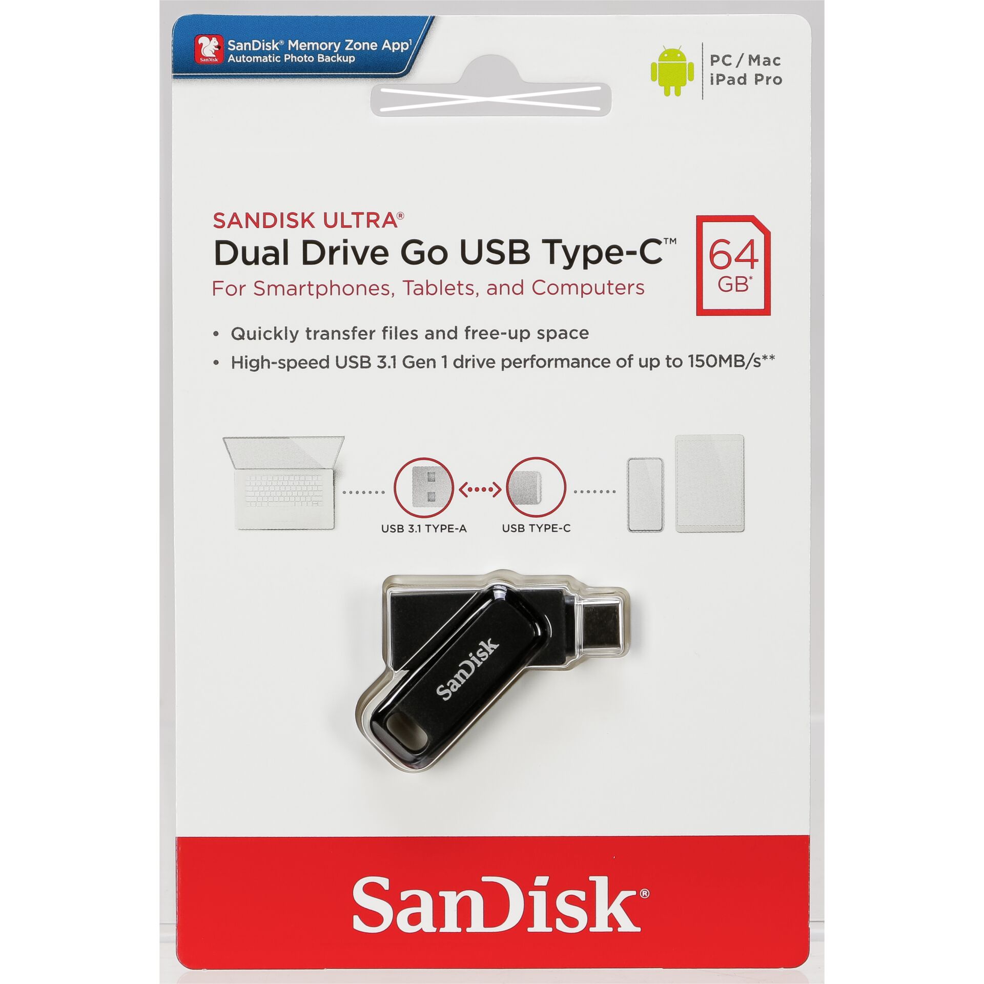 SanDisk Ultra Dual Drive Go 64GB USB Type C Flash SDDDC3-064