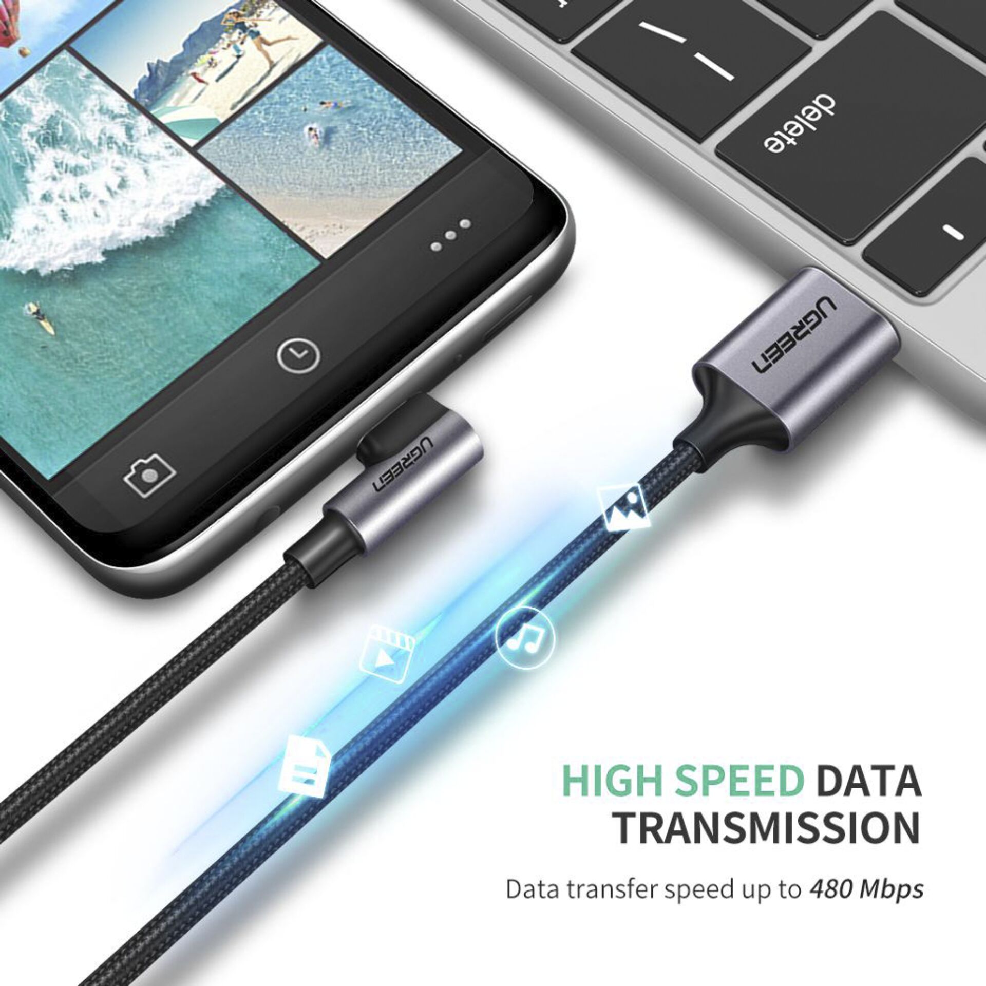 UGREEN Angled USB-C To USB-A Data Cable Black 1M