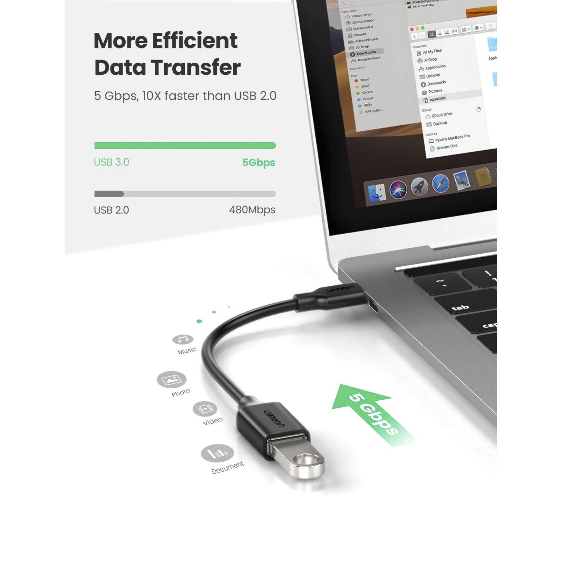 UGREEN tipo C USB 3.0 convert. adatt. nero 150mm