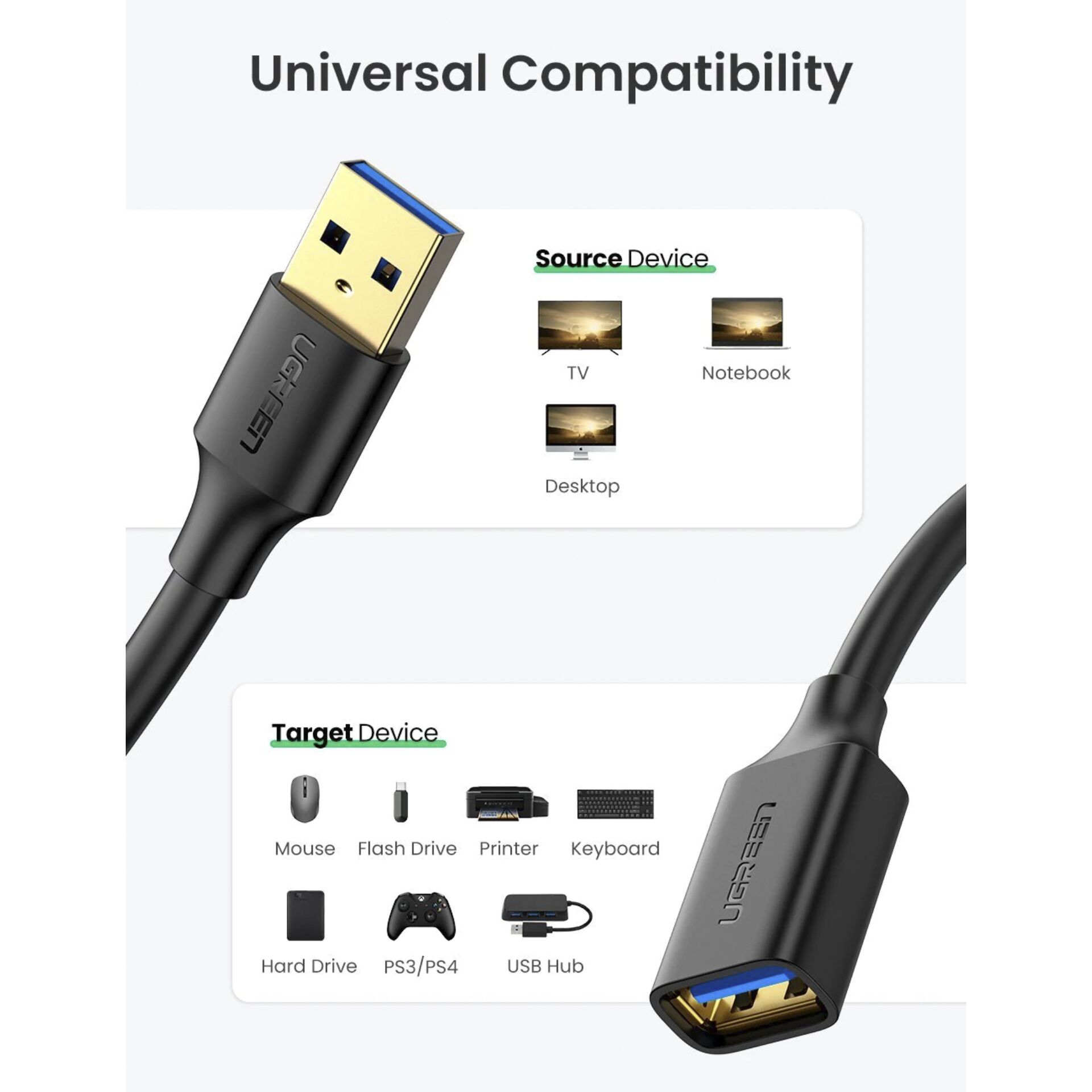 UGREEN USB-A To Female Extension Cable Black 1m