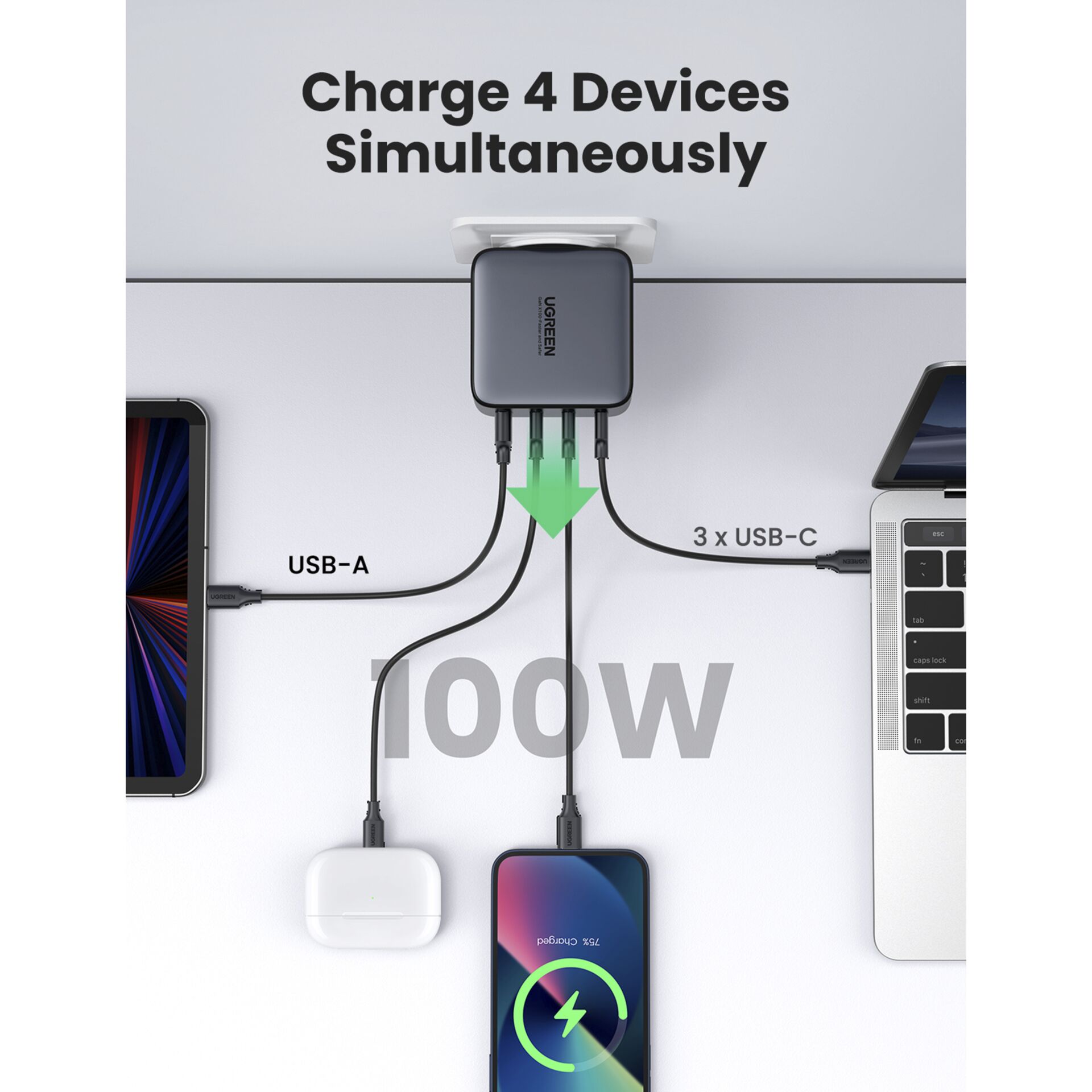 UGREEN USB-A+3xUSB-C 100W GaN caric. parete USB C-C cavo ner