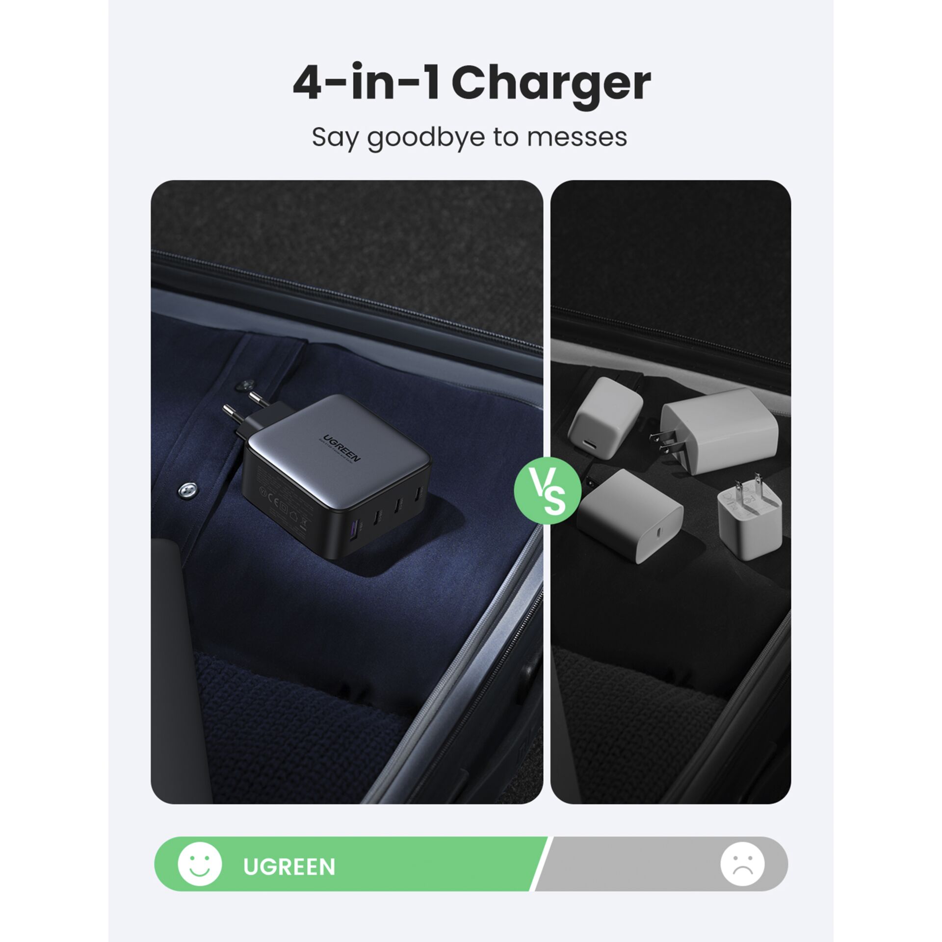 UGREEN USB-A+3xUSB-C 100W GaN caric. parete USB C-C cavo ner