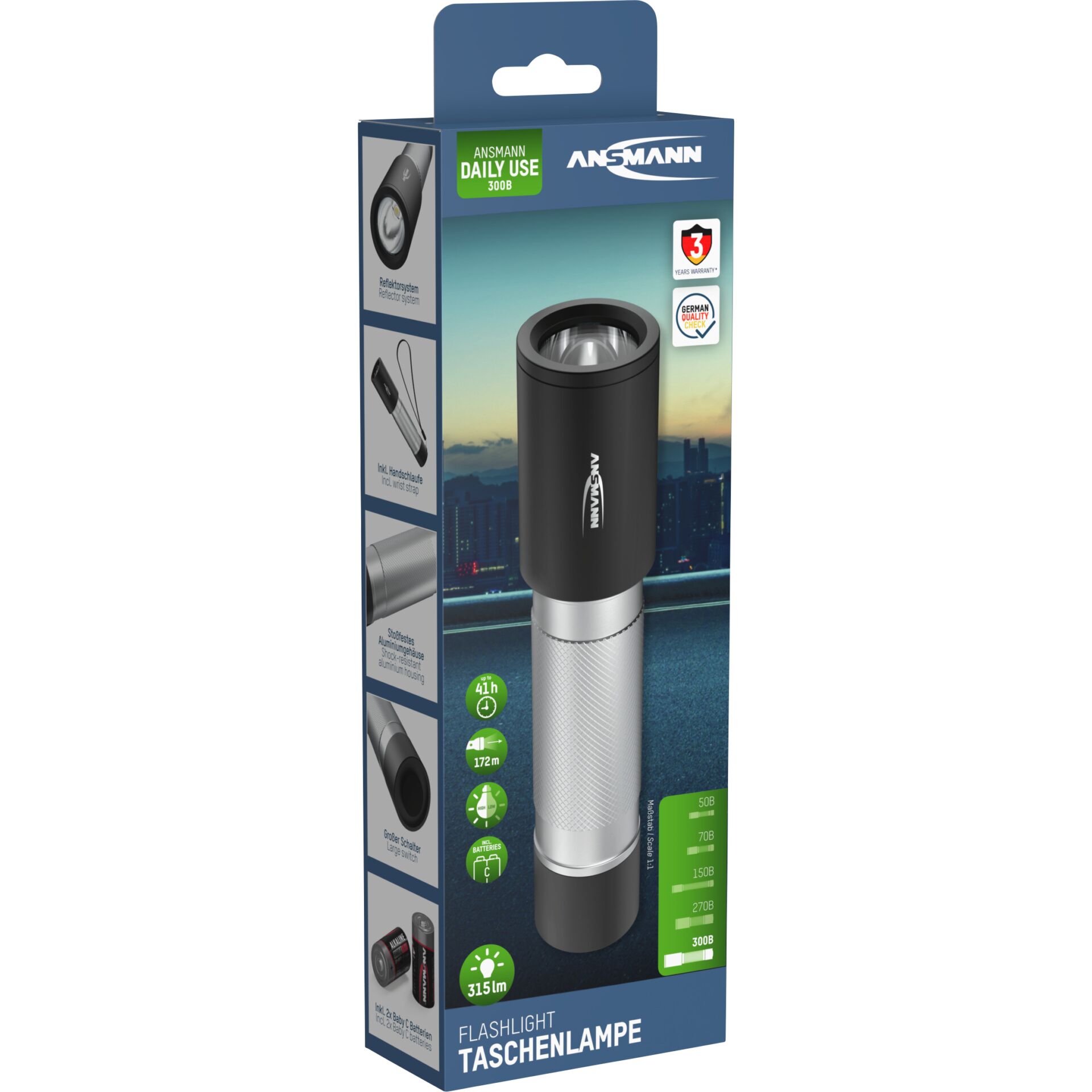 Ansmann LED Torch Daily Use 300B incl. 2xBaby C 1600-0430