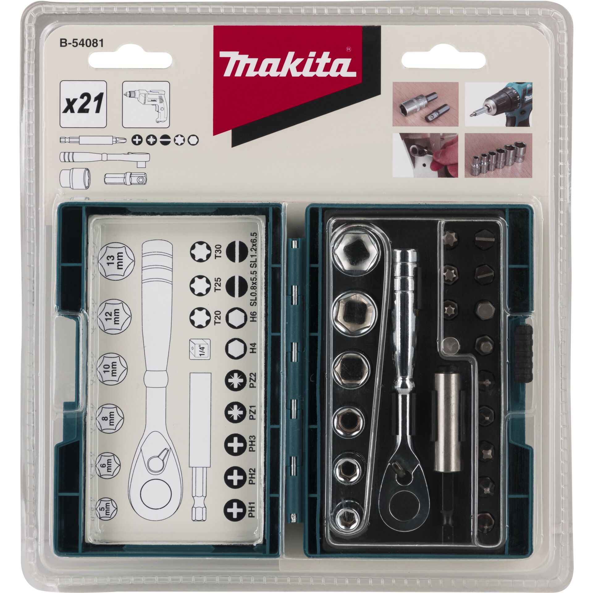 Makita B-54081 set punte con chiavi a cricch.