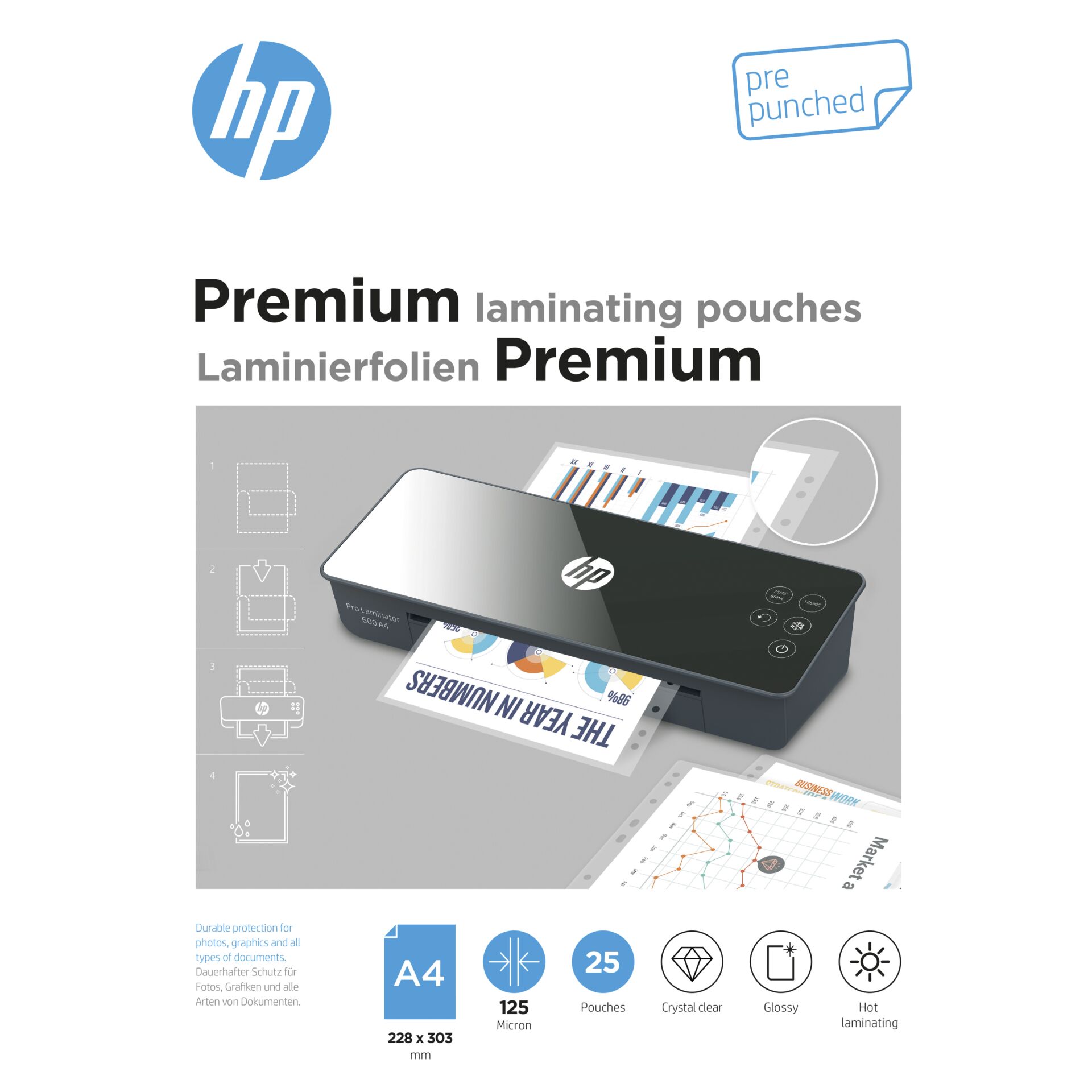 HP Pro Laminierfolien A4 mit Lochung, 125 Micron