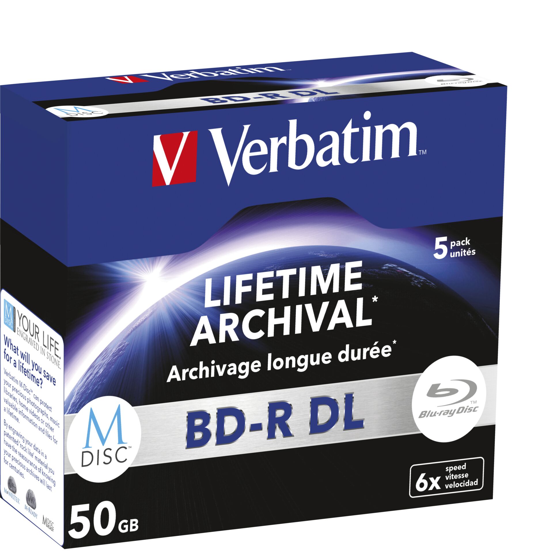 1x5 Verbatim M-Disc BD-R Blu-Ray 50GB 6x Speed, Jewel Case
