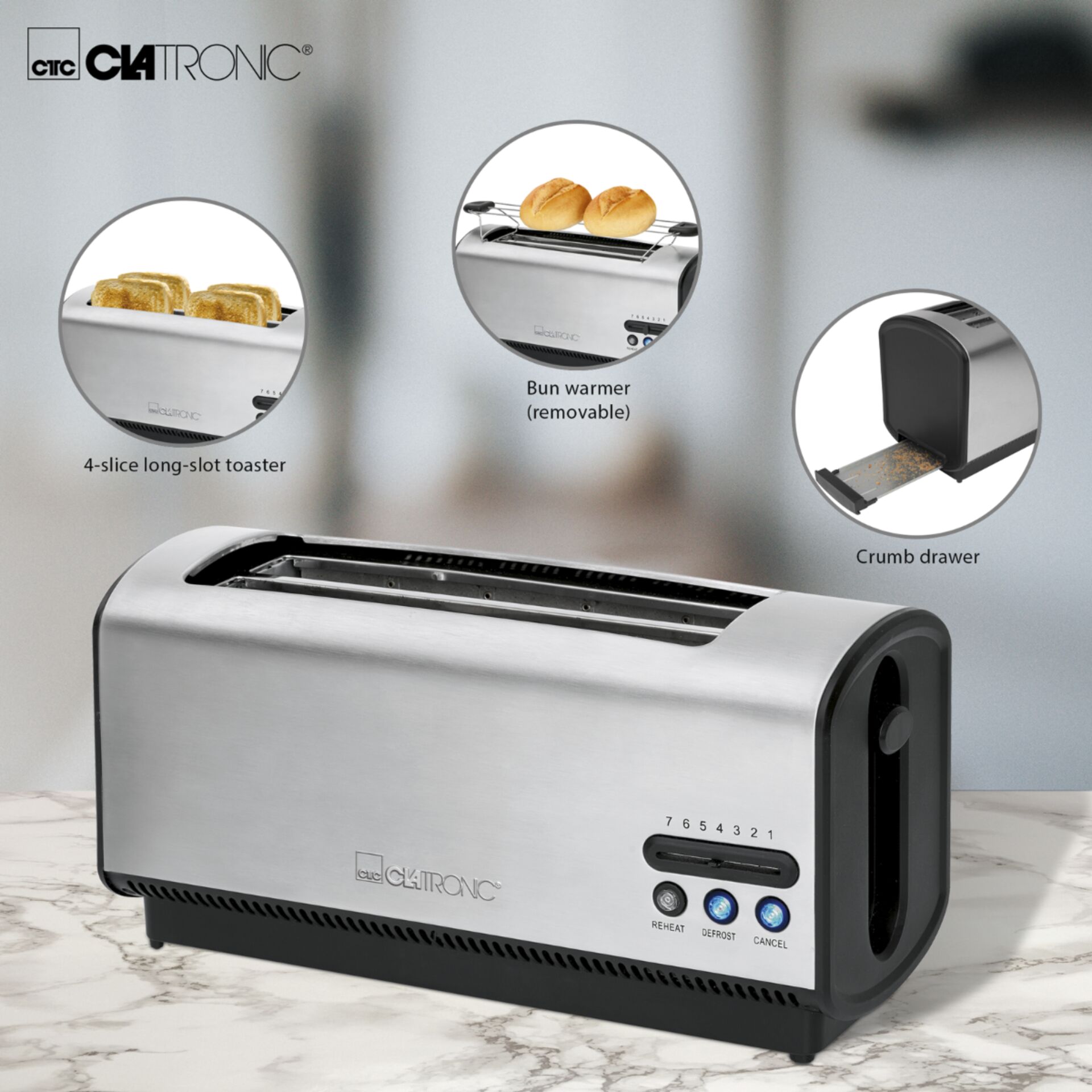 Clatronic TA 3687 inox tostapane fessura lunga 4 fette