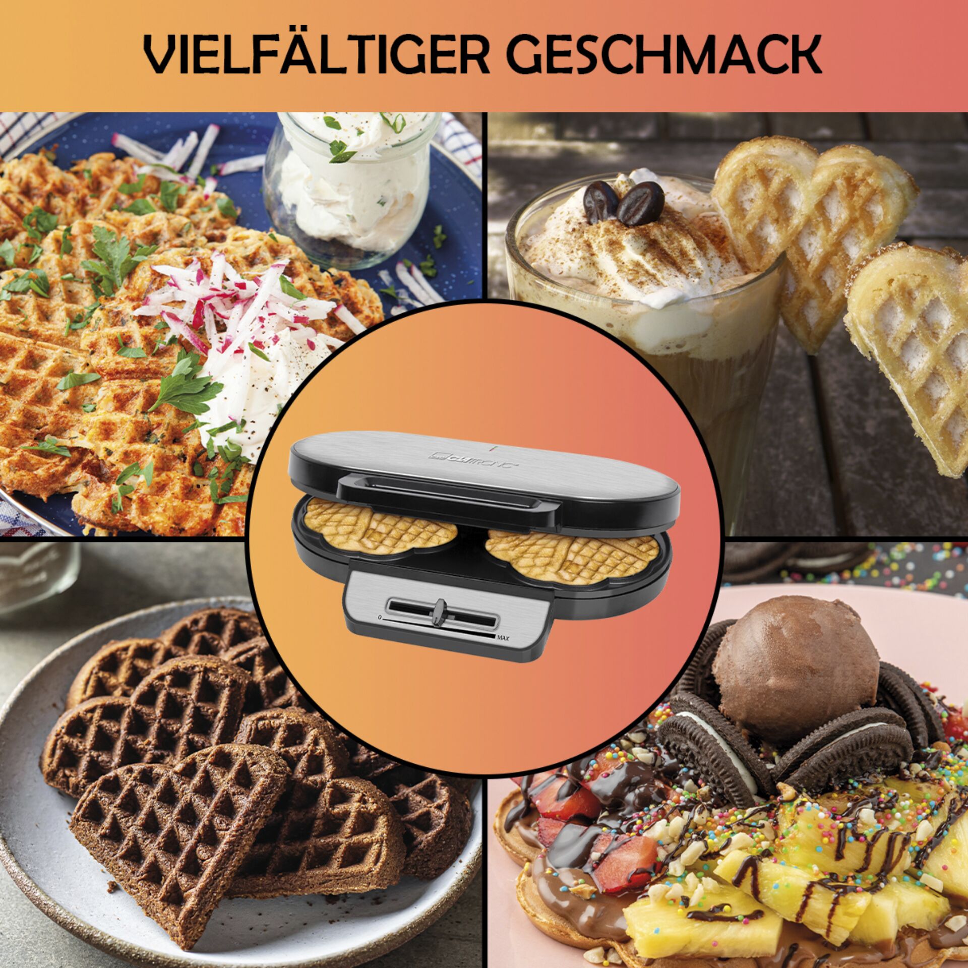 Clatronic WA 3745 schwarz-inox Doppel-Herzchenwaffelautomat