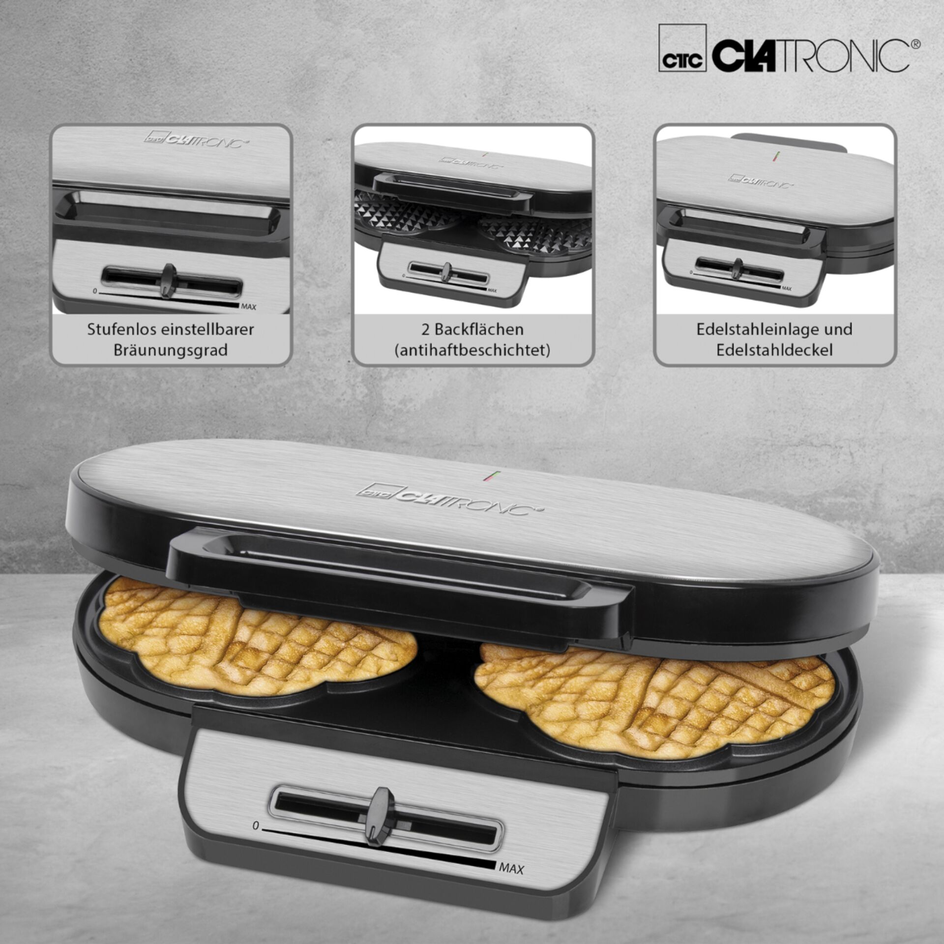 Clatronic WA 3745 schwarz-inox Doppel-Herzchenwaffelautomat