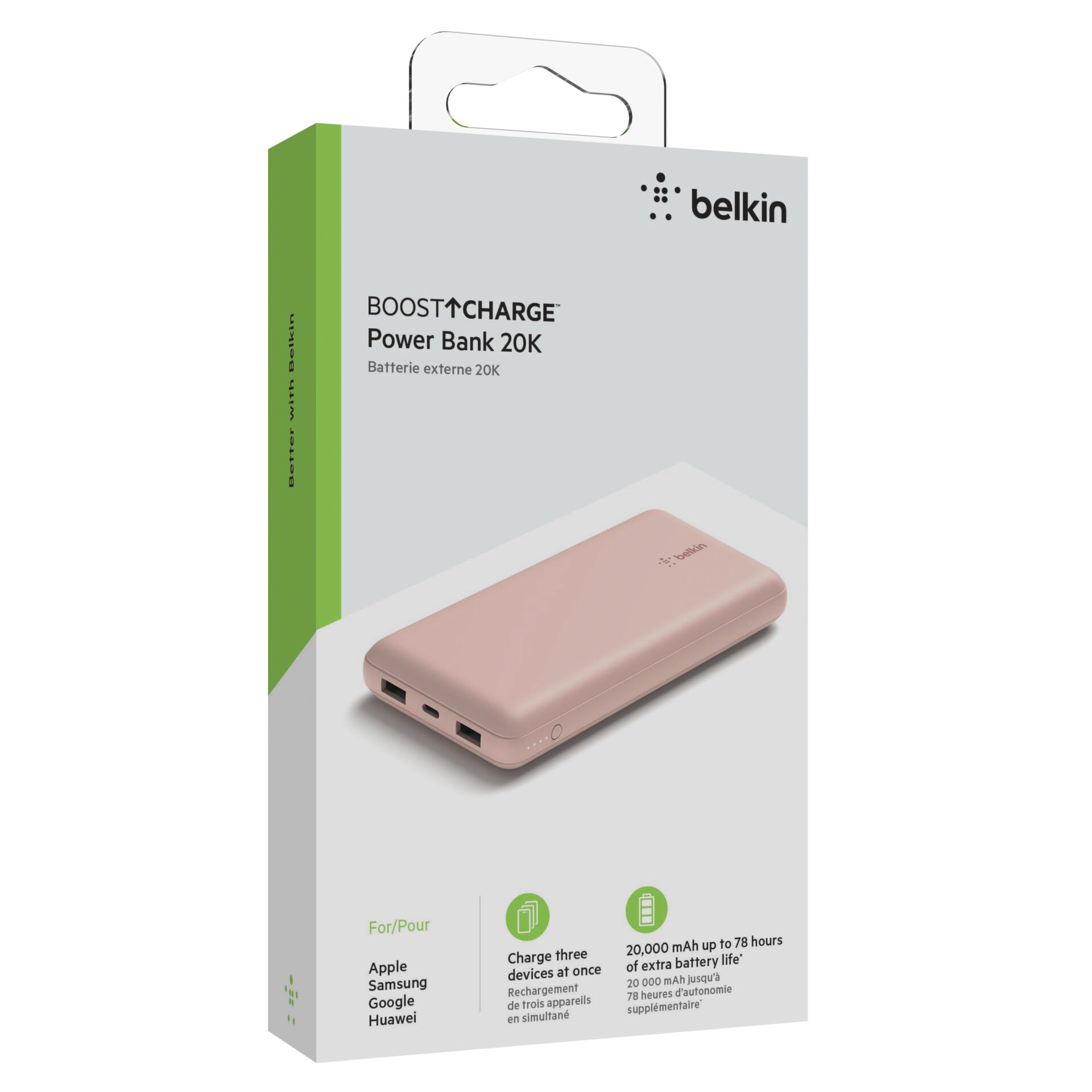 Belkin Powerbank 20.000mAh rosa 15W+USB-A/C cavo 15cm BPB012