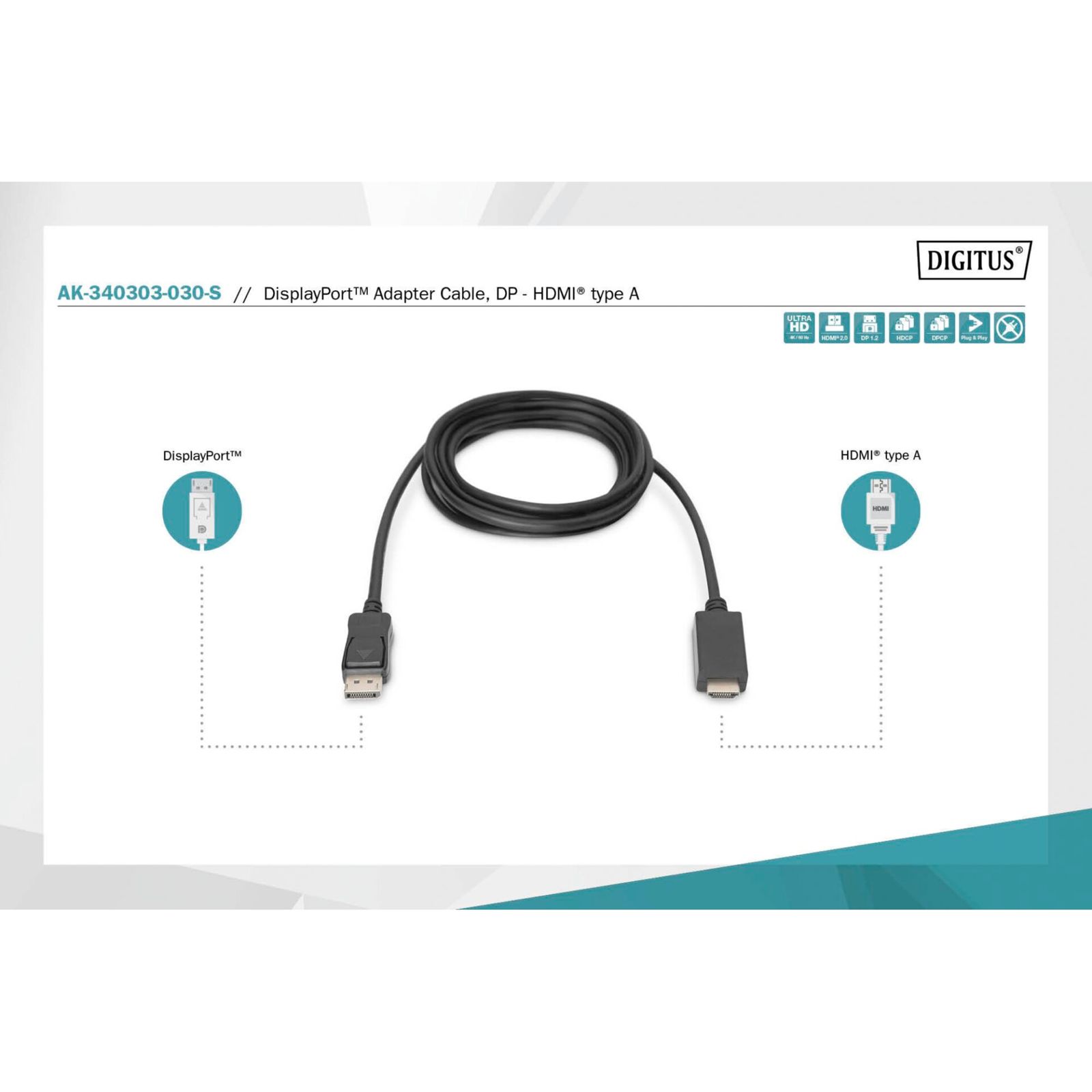 DIGITUS DisplayPort Adapterkabel DP-HDMI Typ A 3m AK-340303-