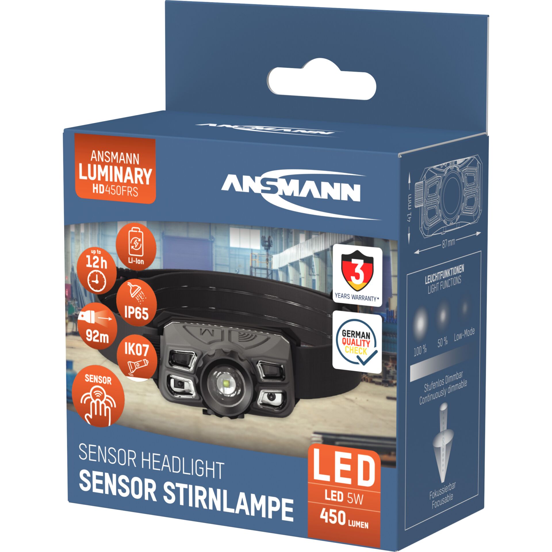 Ansmann Headlight HD450FRS Dimmable Li-Ion, USB-C 1600-0528