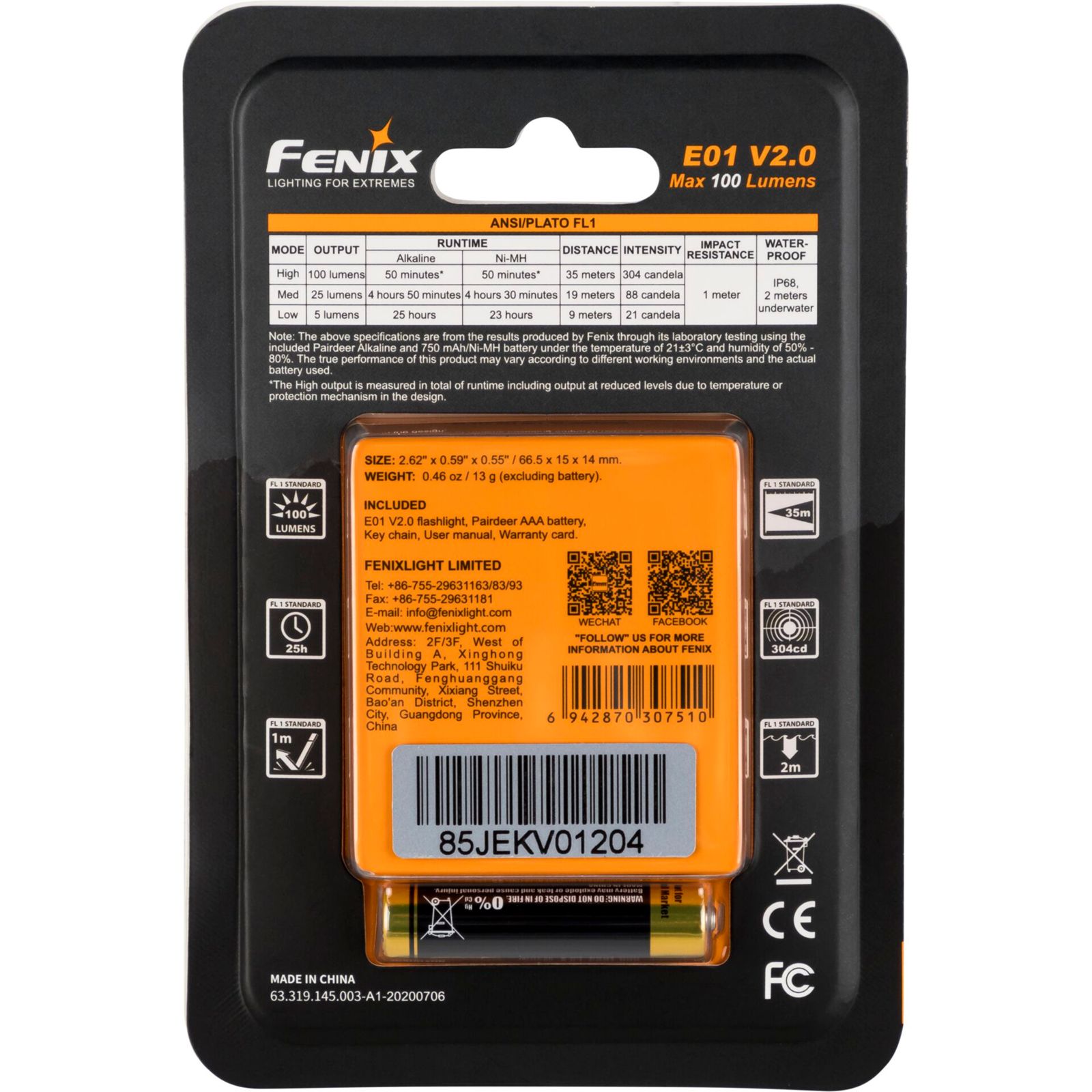 Fenix E01 V2.0 100 lm Torcia elettrica