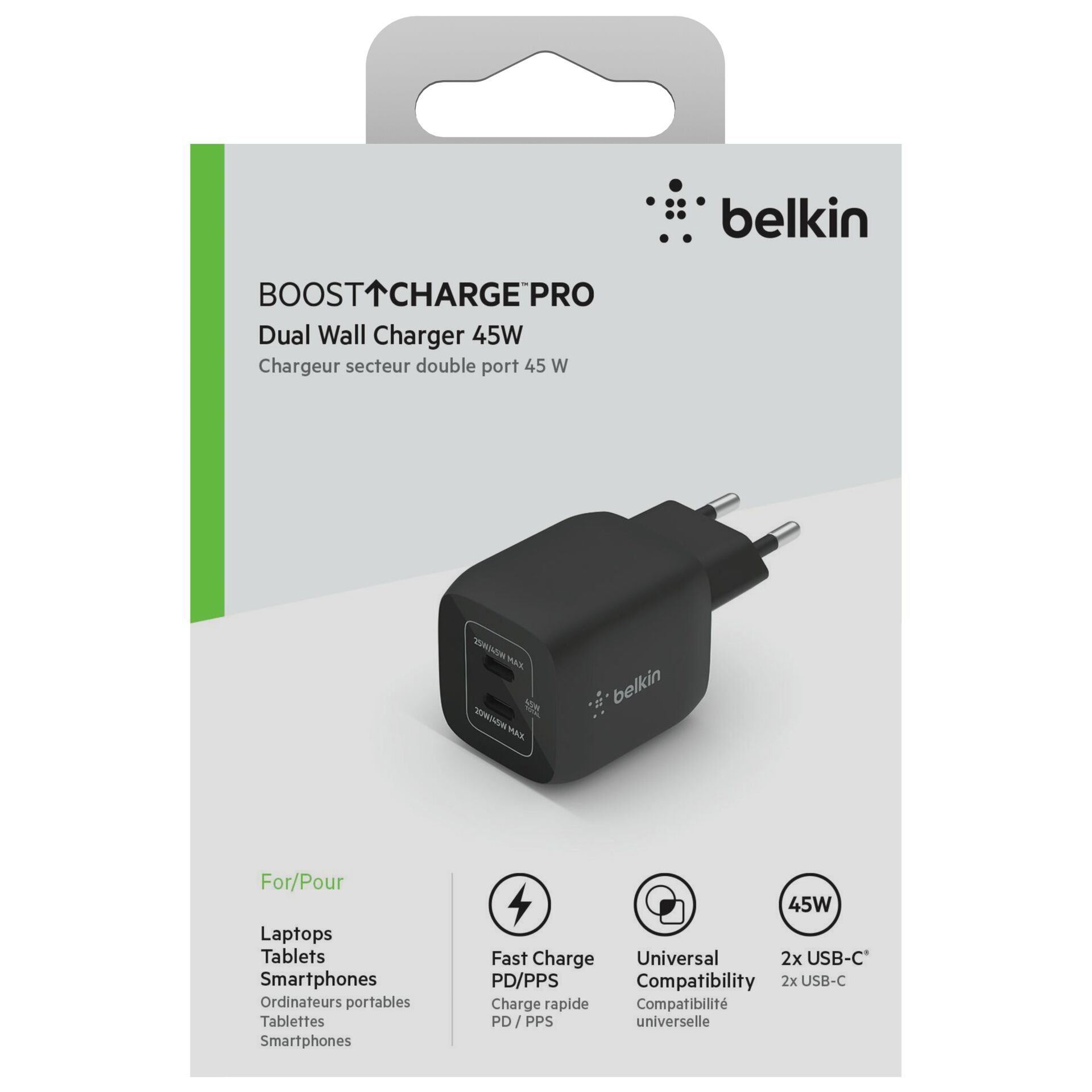 Belkin Netzladegerät 2xUSB-C 45W PD 3.0, PPS, schwarz  WCH01