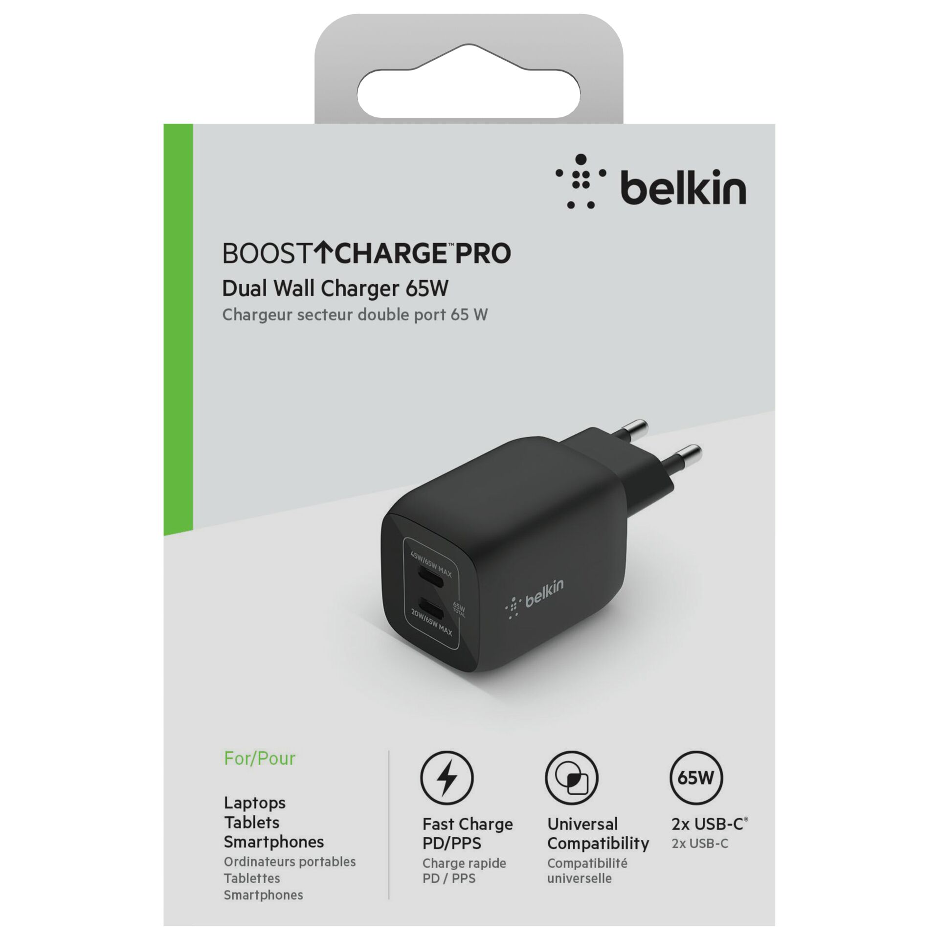 Belkin Netzladegerät 2xUSB-C 65W PD 3.0, PPS, schwarz  WCH01