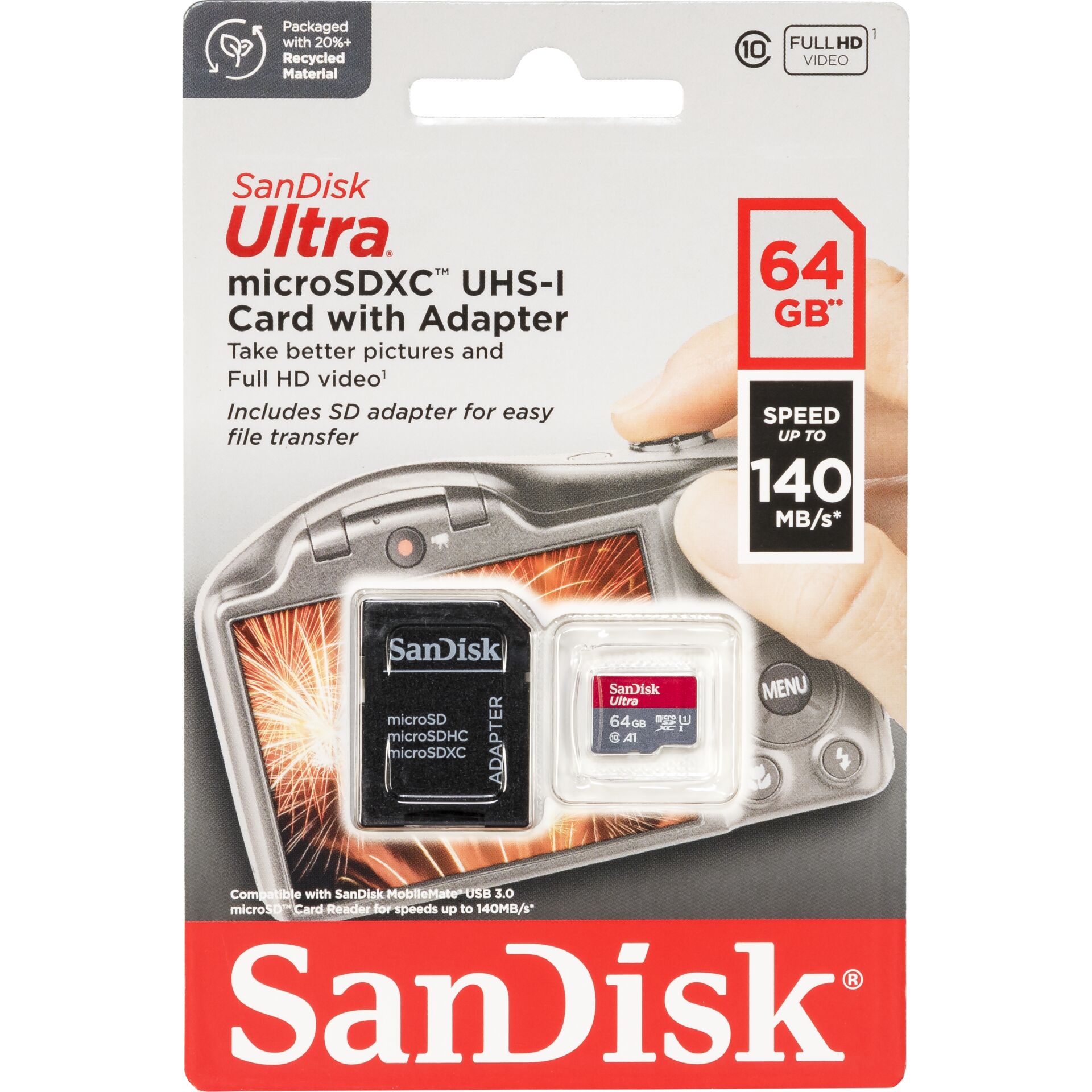 SanDisk Ultra microSDHC     64GB 140MB/s.Adapt.SDSQUAB-064G-
