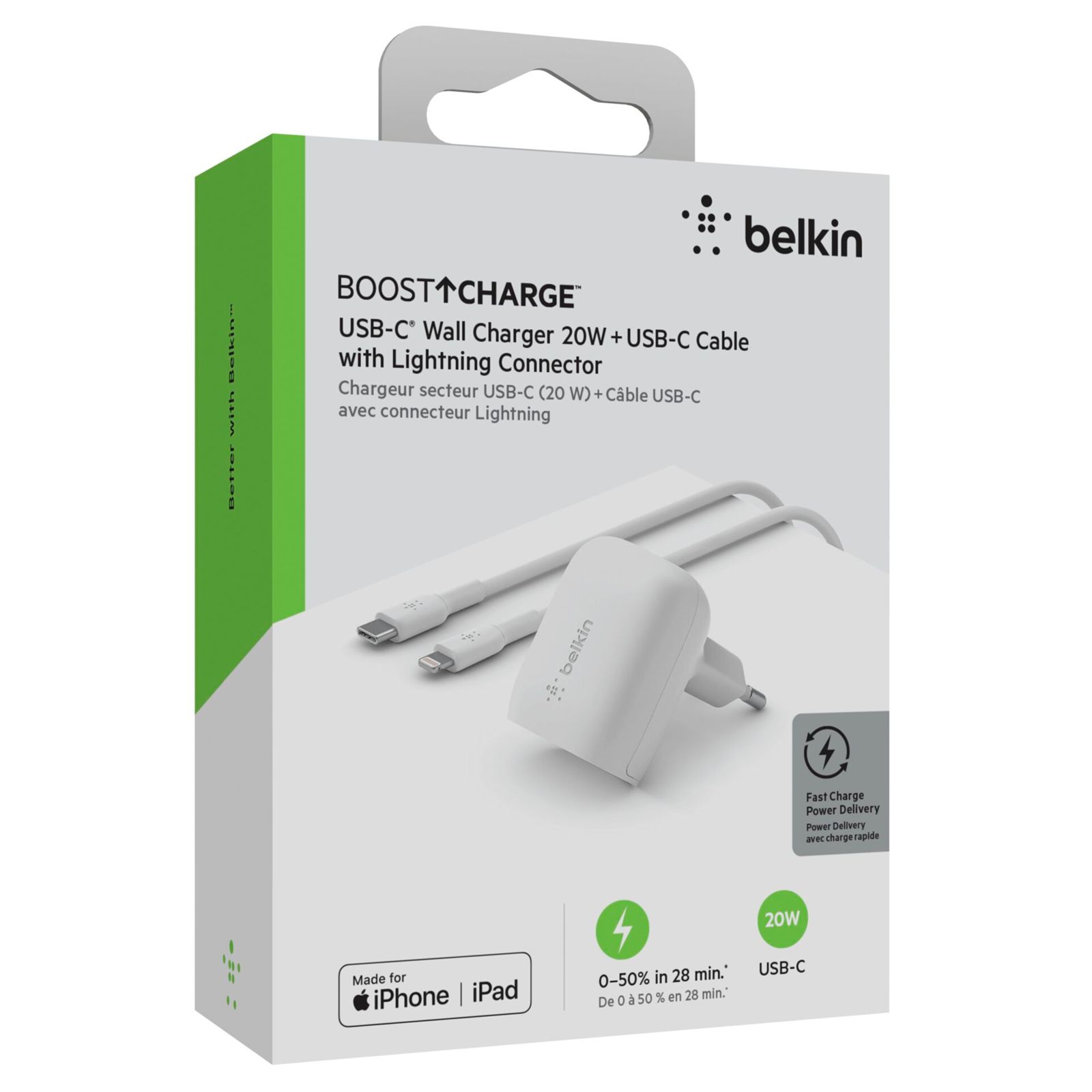 Belkin Netzladegerät 20W PD+PPD USB-C/Lig.1m wh  WCA006vf1MW