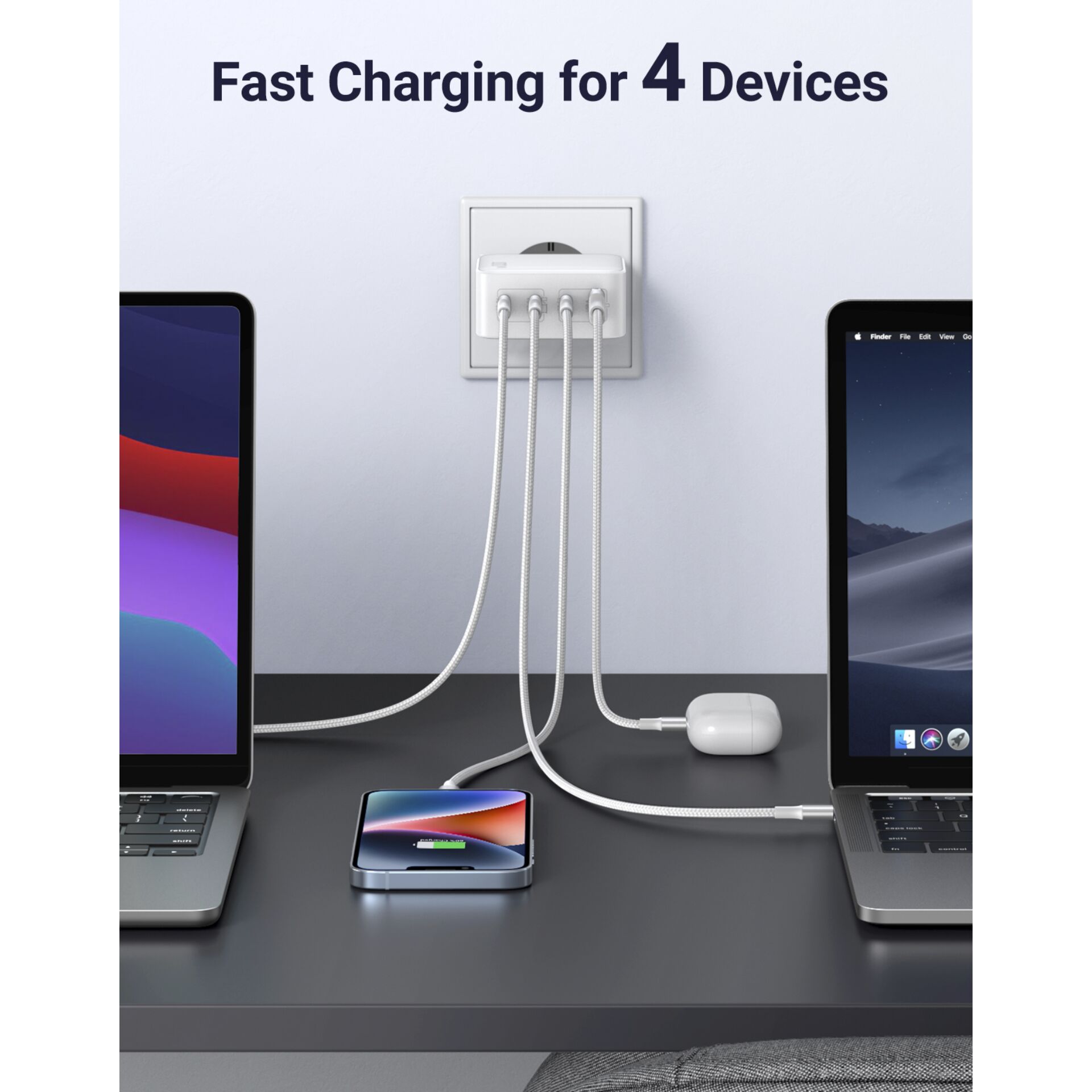 UGREEN USB-A+3xUSB-C 100W GaN Tech Fast Wall Charger EU bian