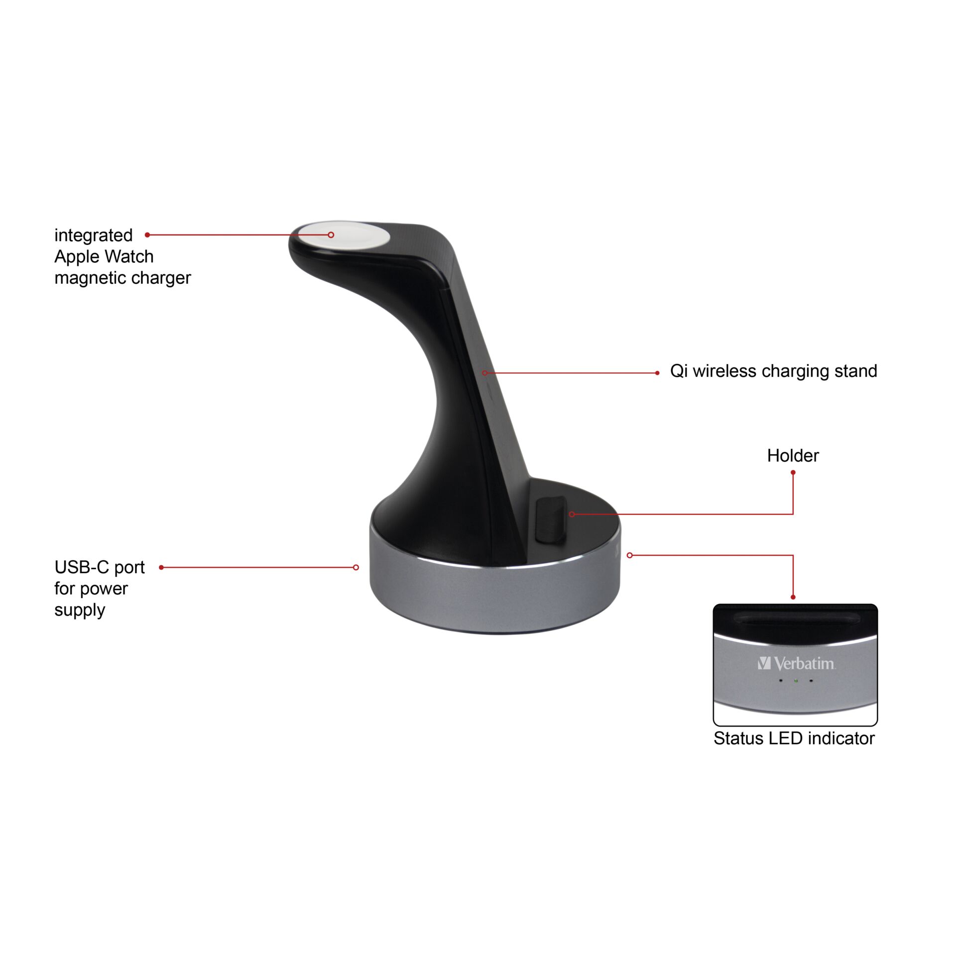 Verbatim WCS-02 Aluminium 3-in-1 Qi Wireless+Apple Watch Cha