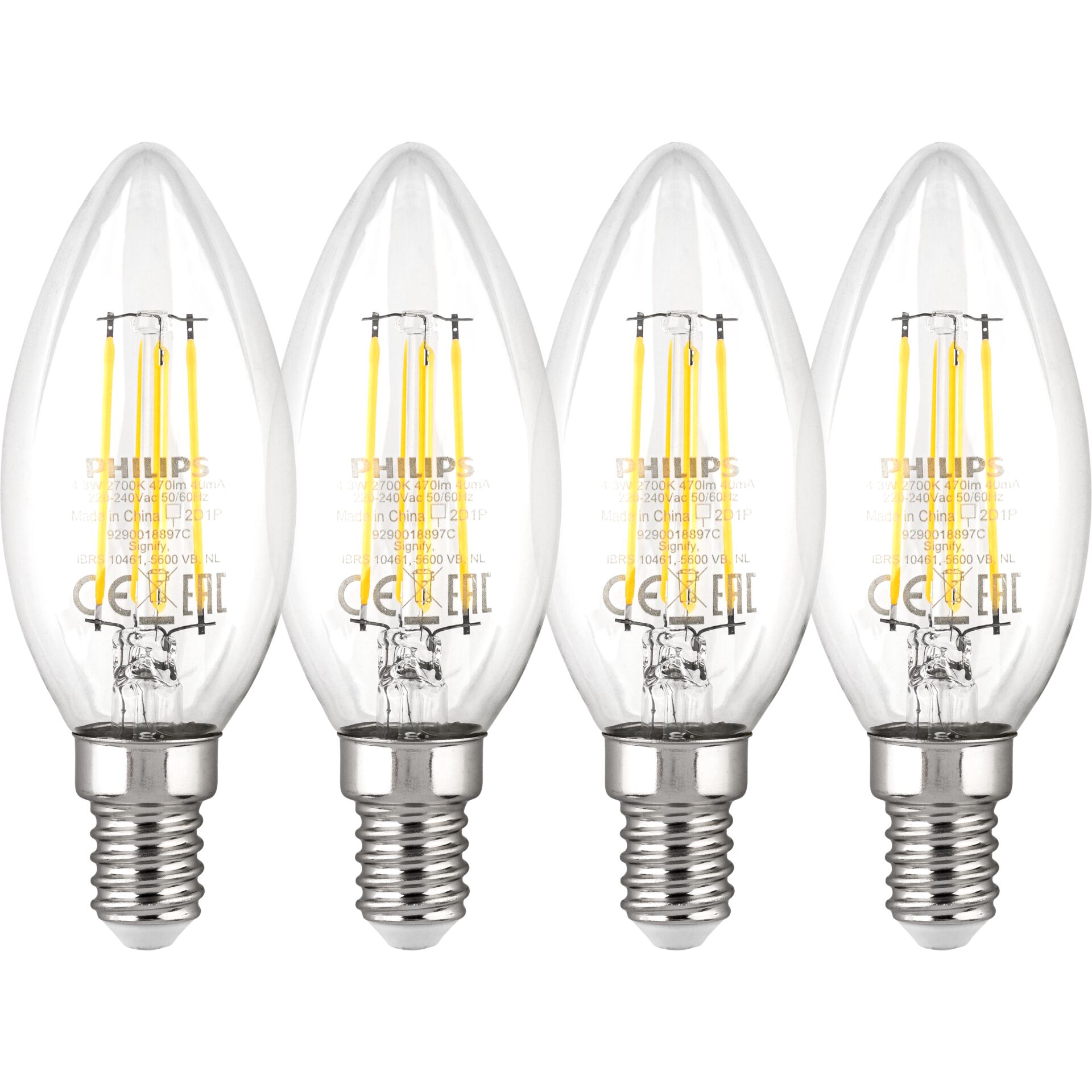Philips LED lampadina E14 set 4p 40W 2700K Filament candela