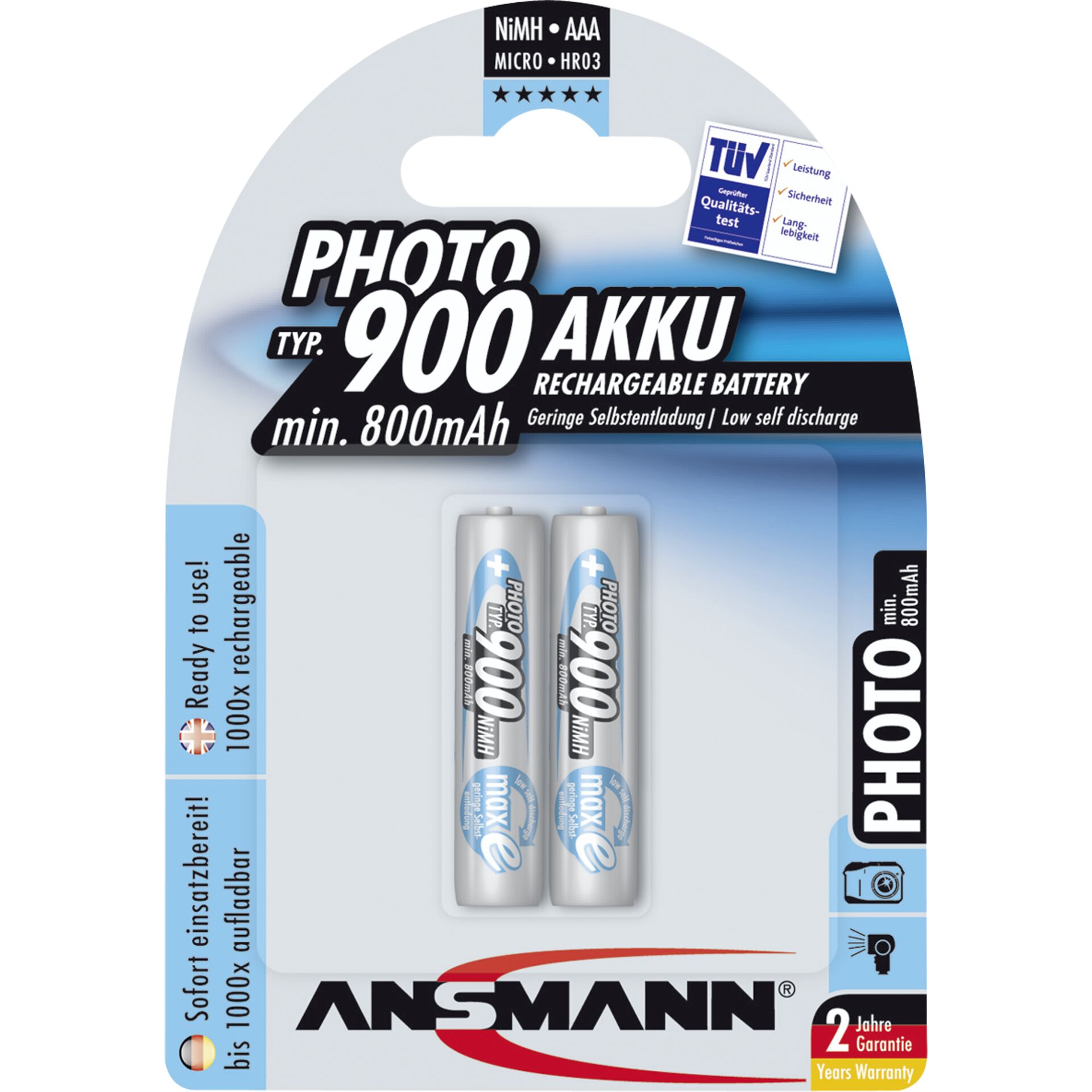 1x2 Ansmann maxE NiMH Akku 900 Micro AAA 800 mAh PHOTO