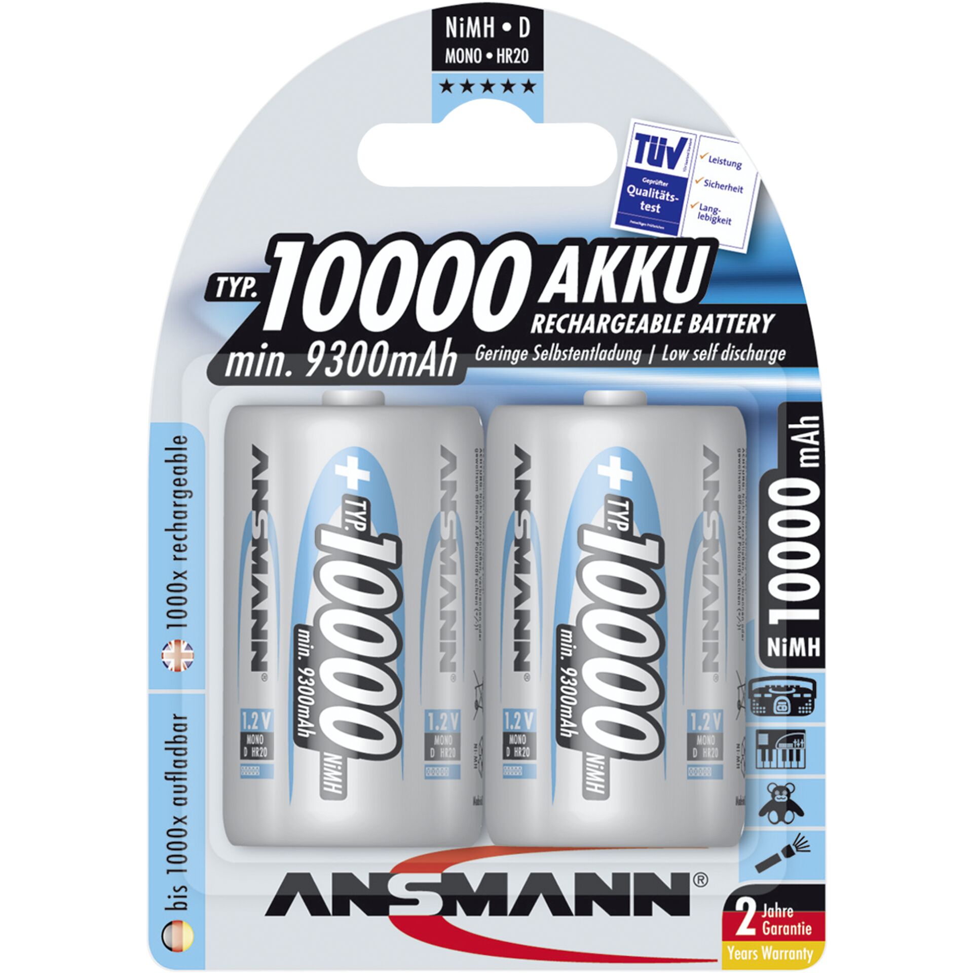1x2 Ansmann NiMH batteria 10000 Mono D 9300 mAh