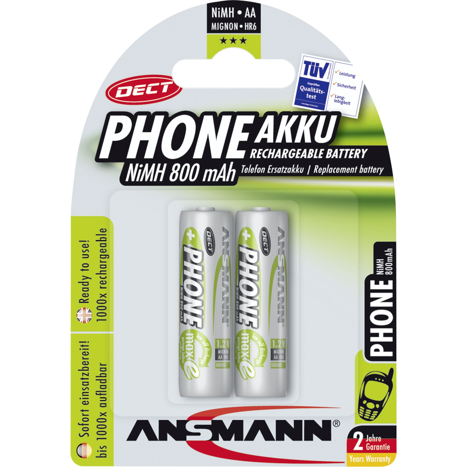 1x2 Ansmann maxE NiMH batteria Mignon AA 800 mAh DECT PHONE