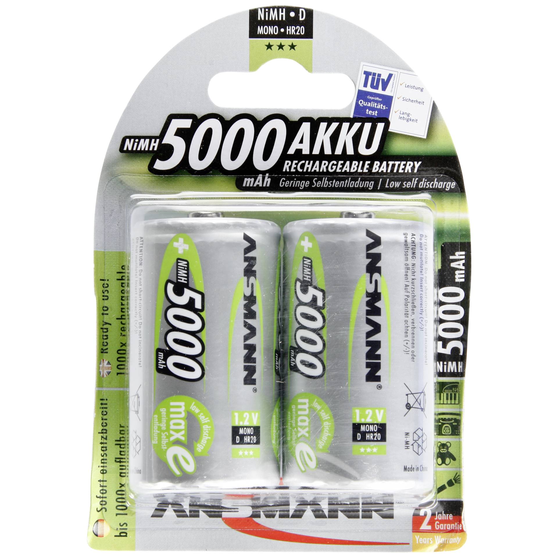 1x2 Ansmann maxE NiMH batteria Mono D 5000 mAh