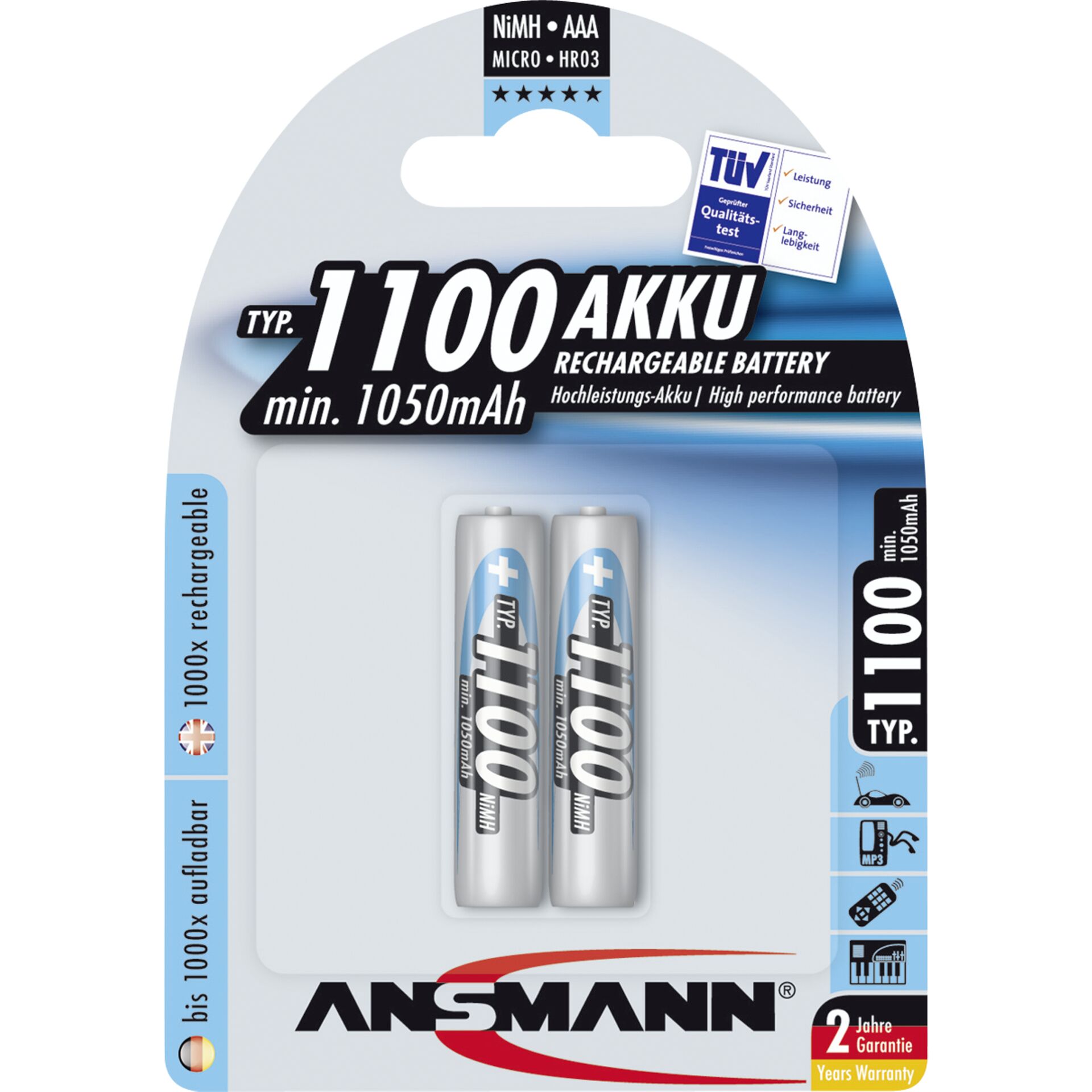 1x2 Ansmann NiMH batteria 1100 Micro AAA 1050 mAh