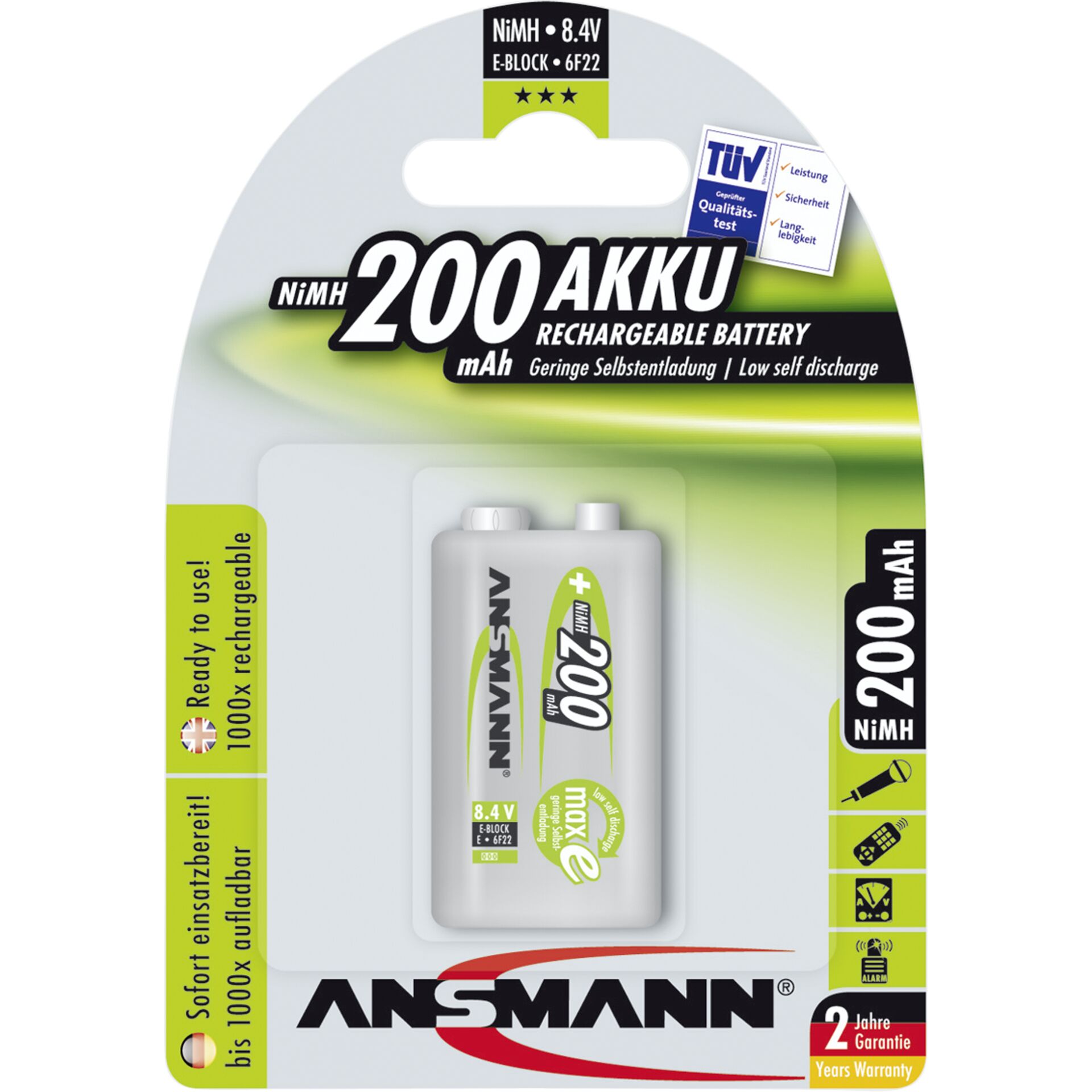 1 Ansmann maxE NiMH batteria 9V-Block 200 mAh         503534
