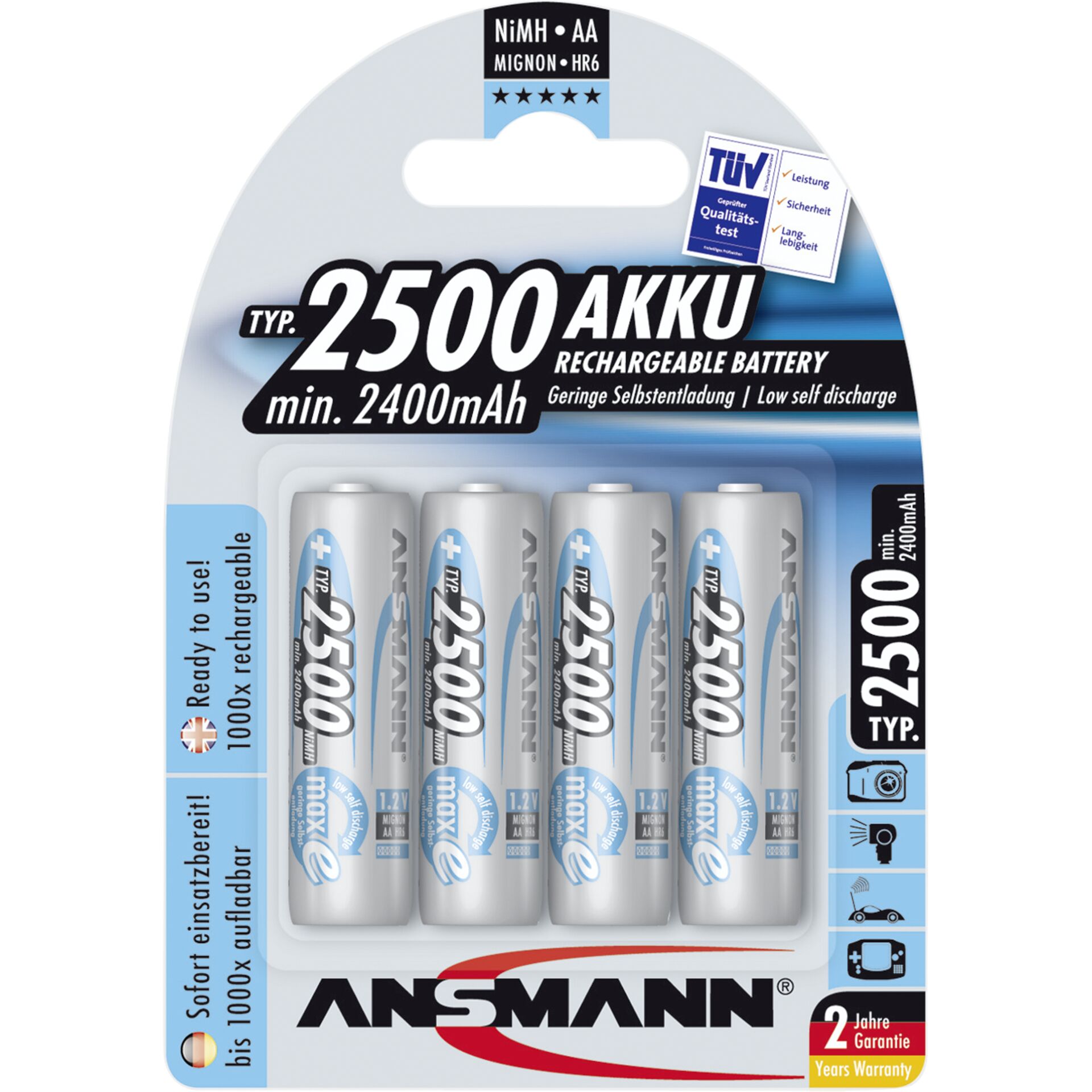 1x4 Ansmann maxE NiMH Akku 2500 Mignon AA 2400 mAh