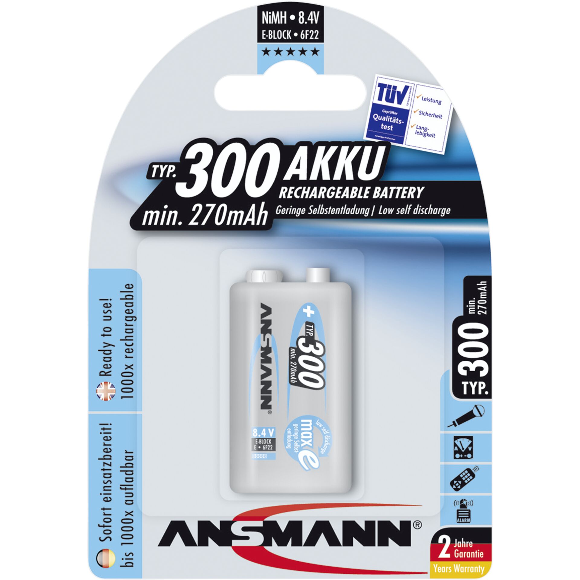 1 Ansmann maxE NiMH batteria 300 9V-Block 270 mAh