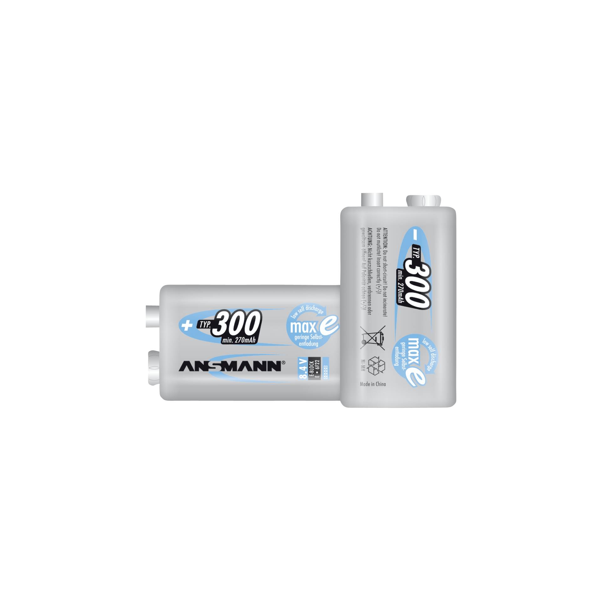 1 Ansmann maxE NiMH batteria 300 9V-Block 270 mAh 2