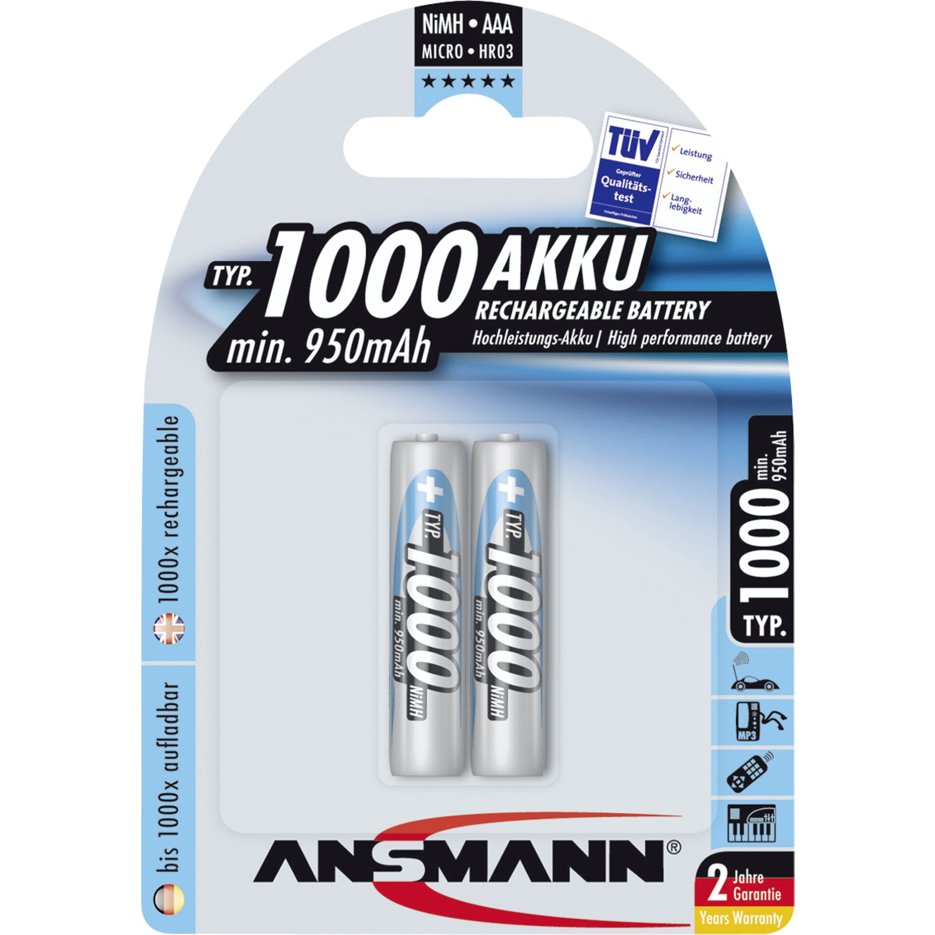 1x2 Ansmann NiMH batteria 1000 Micro AAA 950 mAh