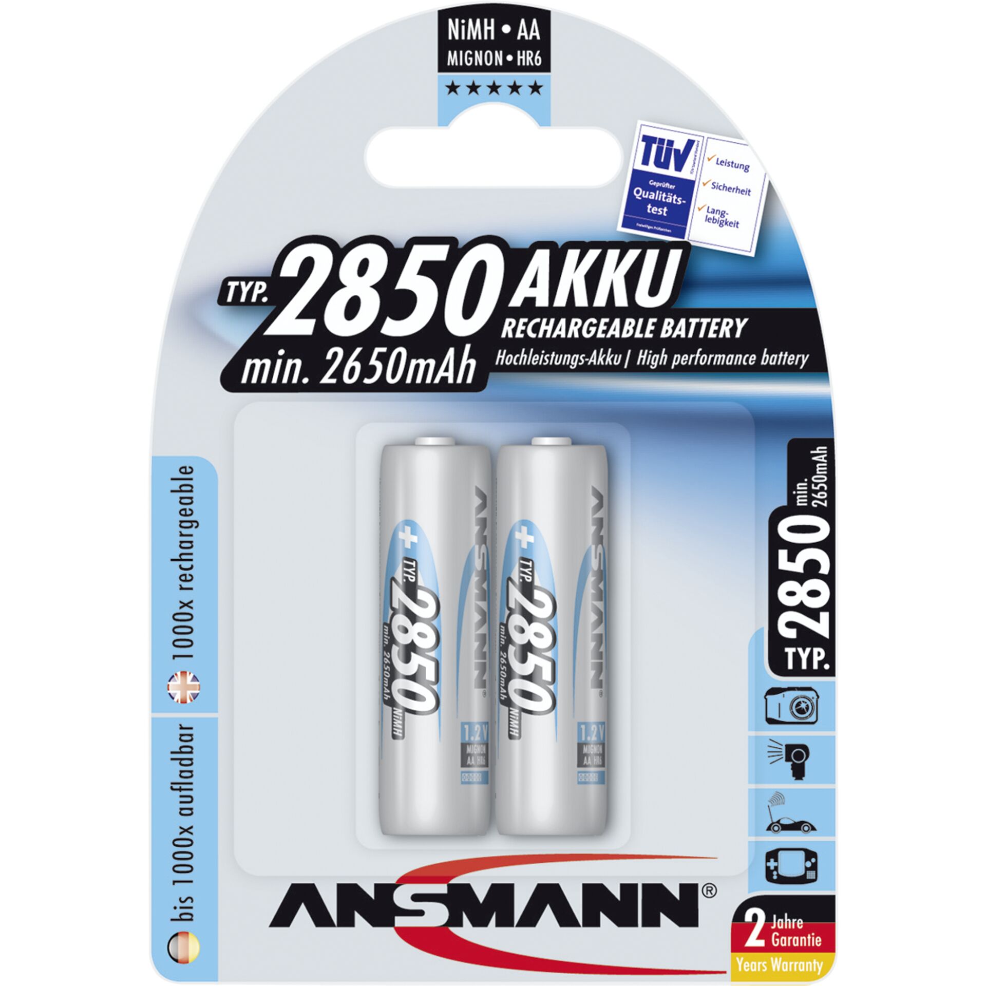1x2 Ansmann NiMH batteria 2850 Mignon AA 2650 mAh