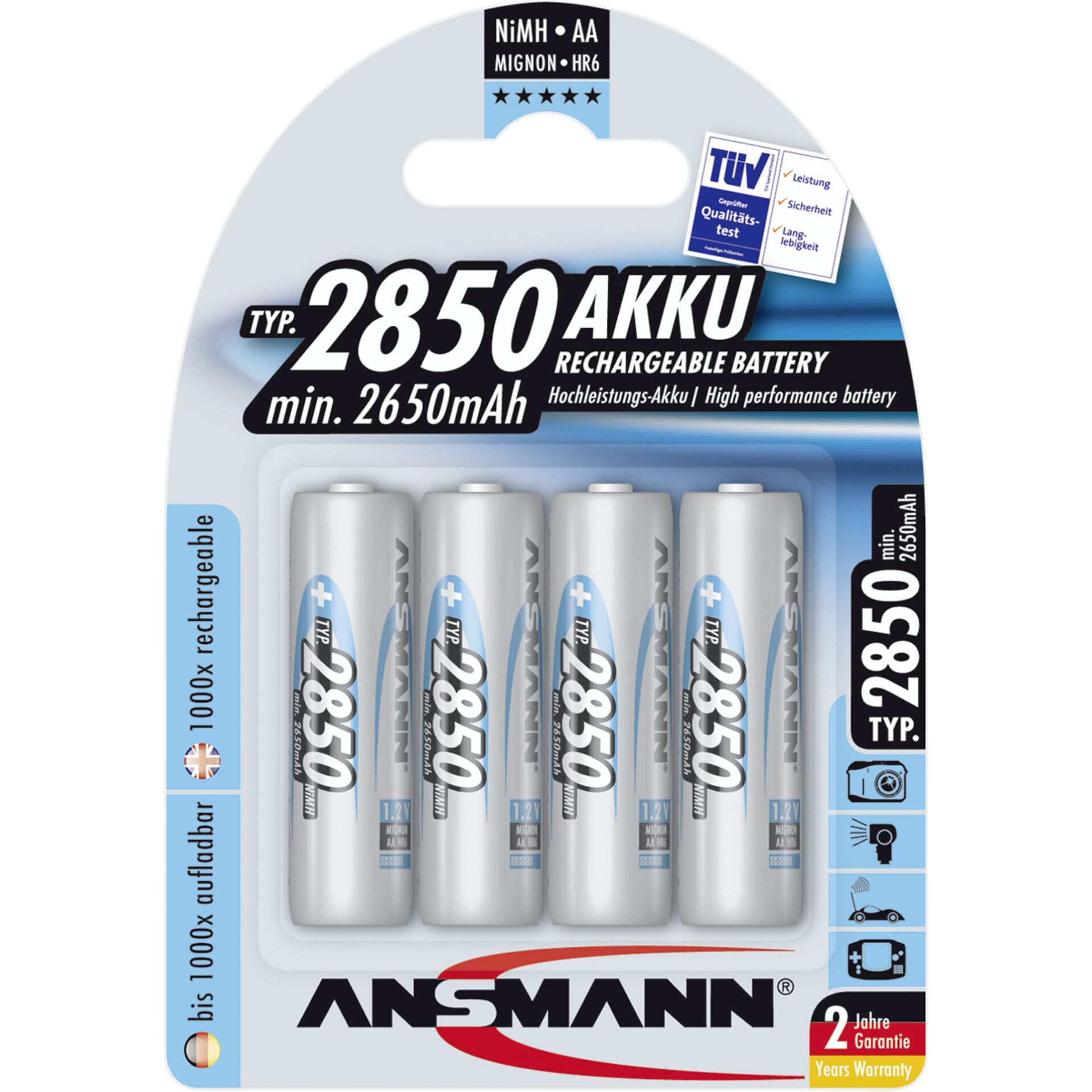 1x4 Ansmann NiMH batteria 2850 Mignon AA 2650 mAh
