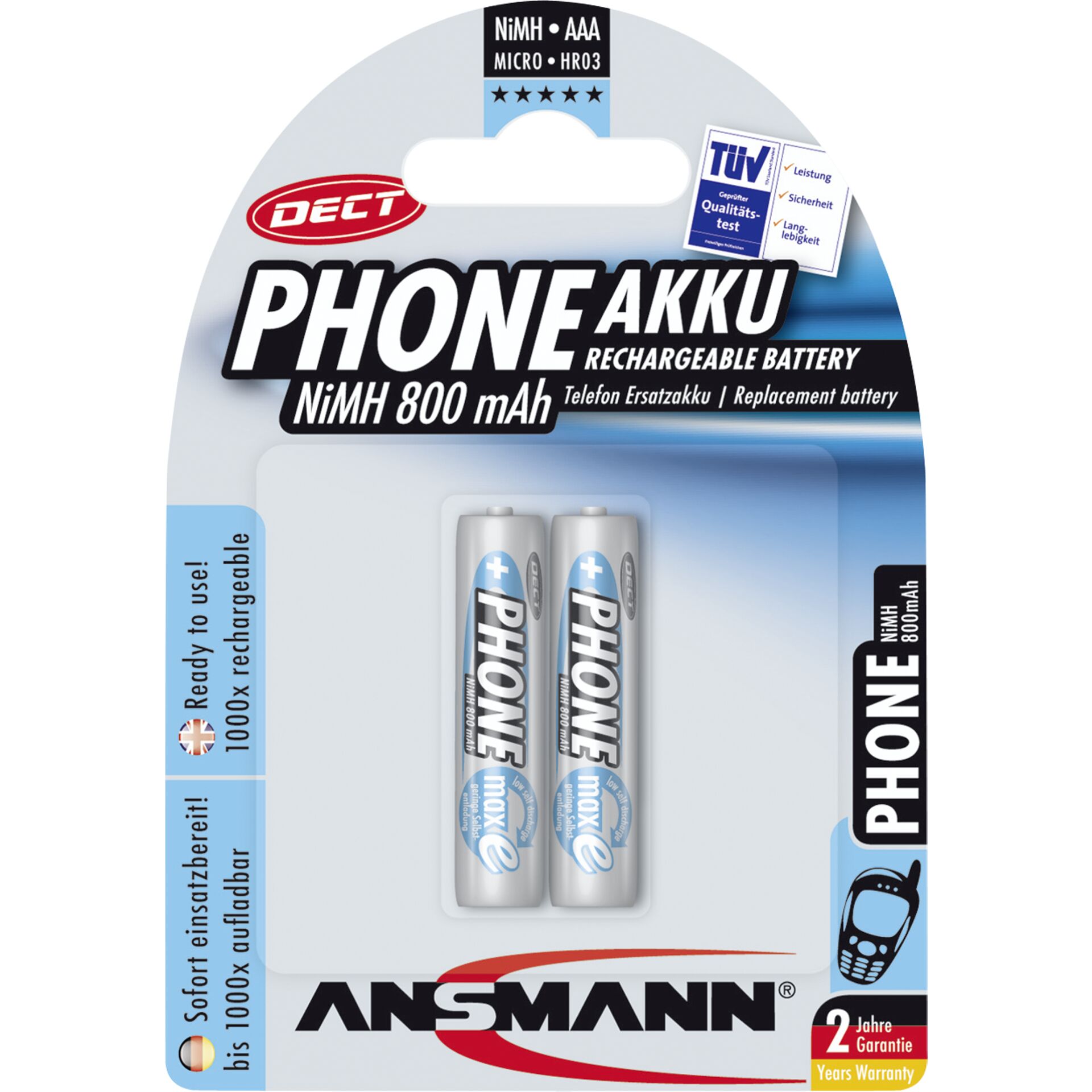 1x2 Ansmann maxE NiMH batteria Micro AAA 800 mAh DECT PHONE