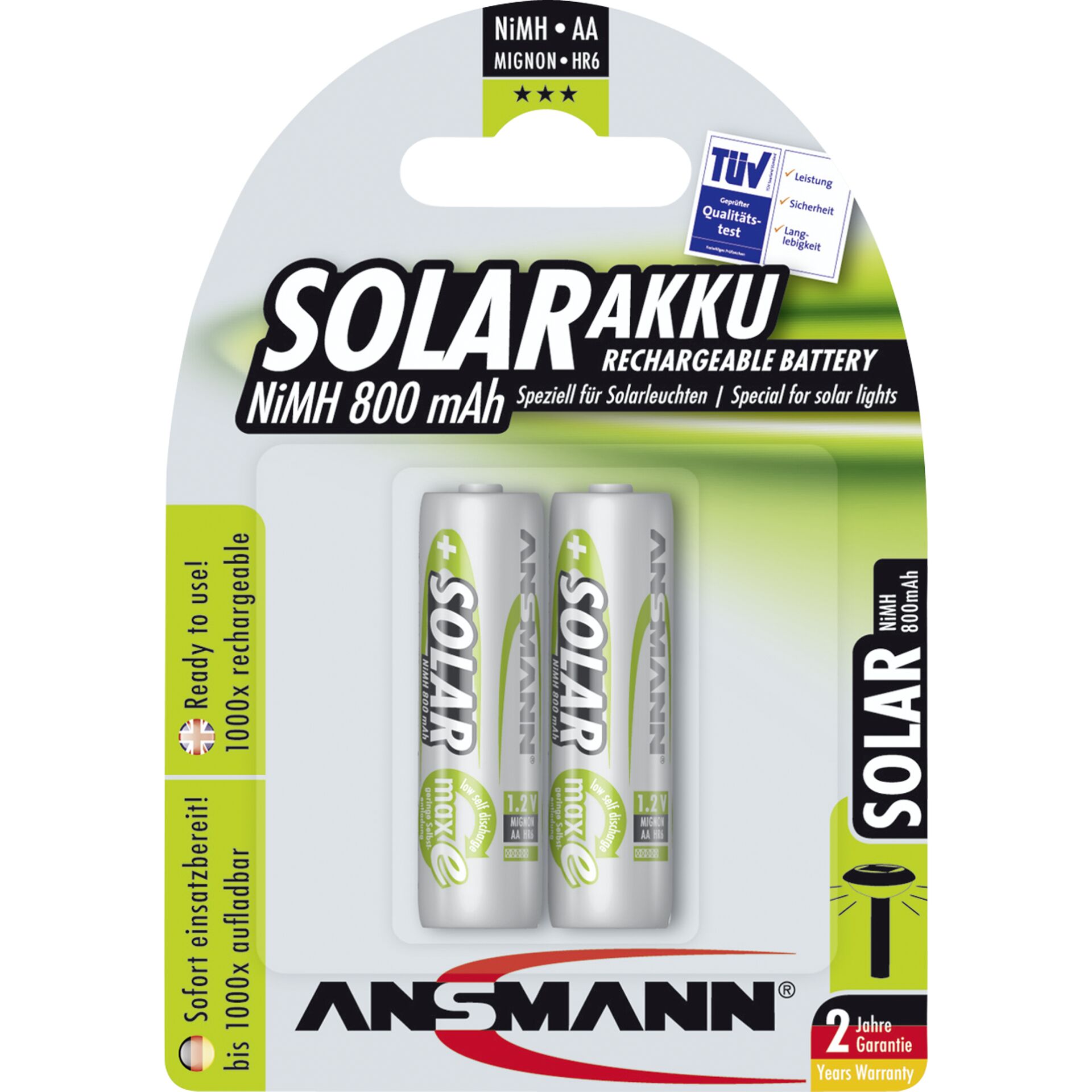 1x2 Ansmann maxE NiMH batteria Mignon AA 800 mAh SOLAR