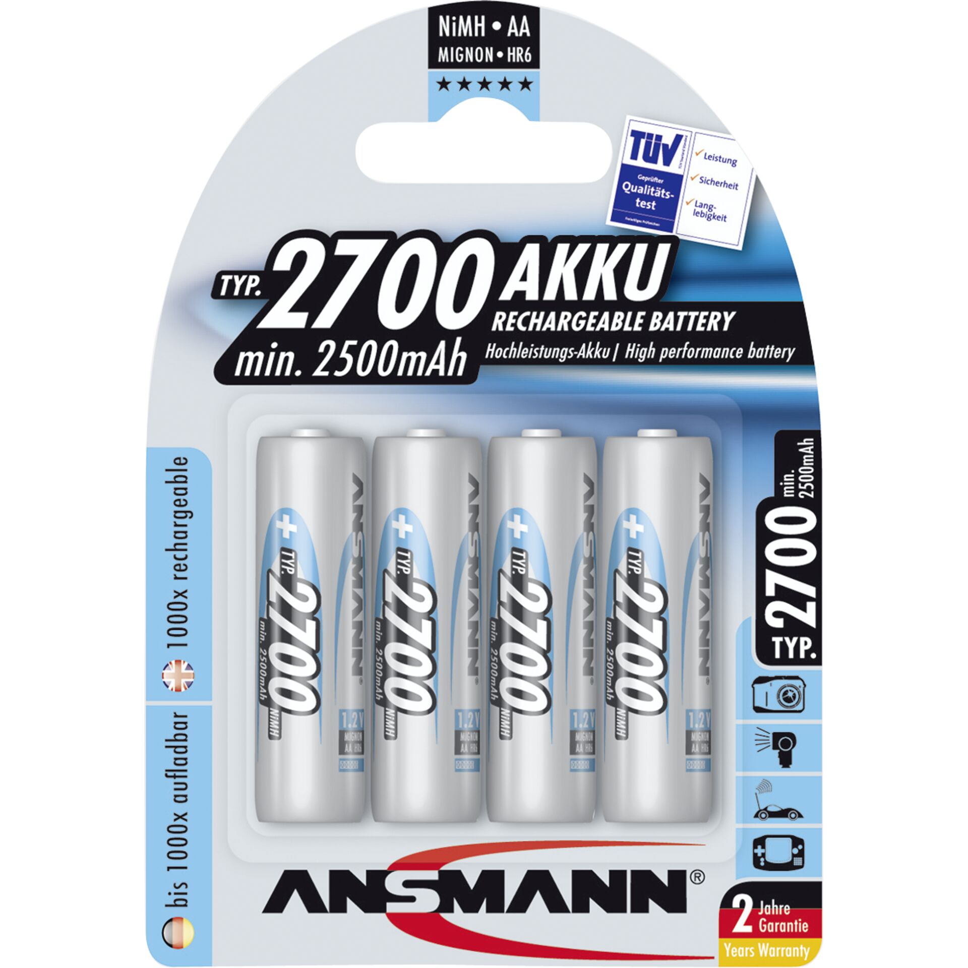 1x4 Ansmann batteria 2700 Mignon AA 2500 mAh