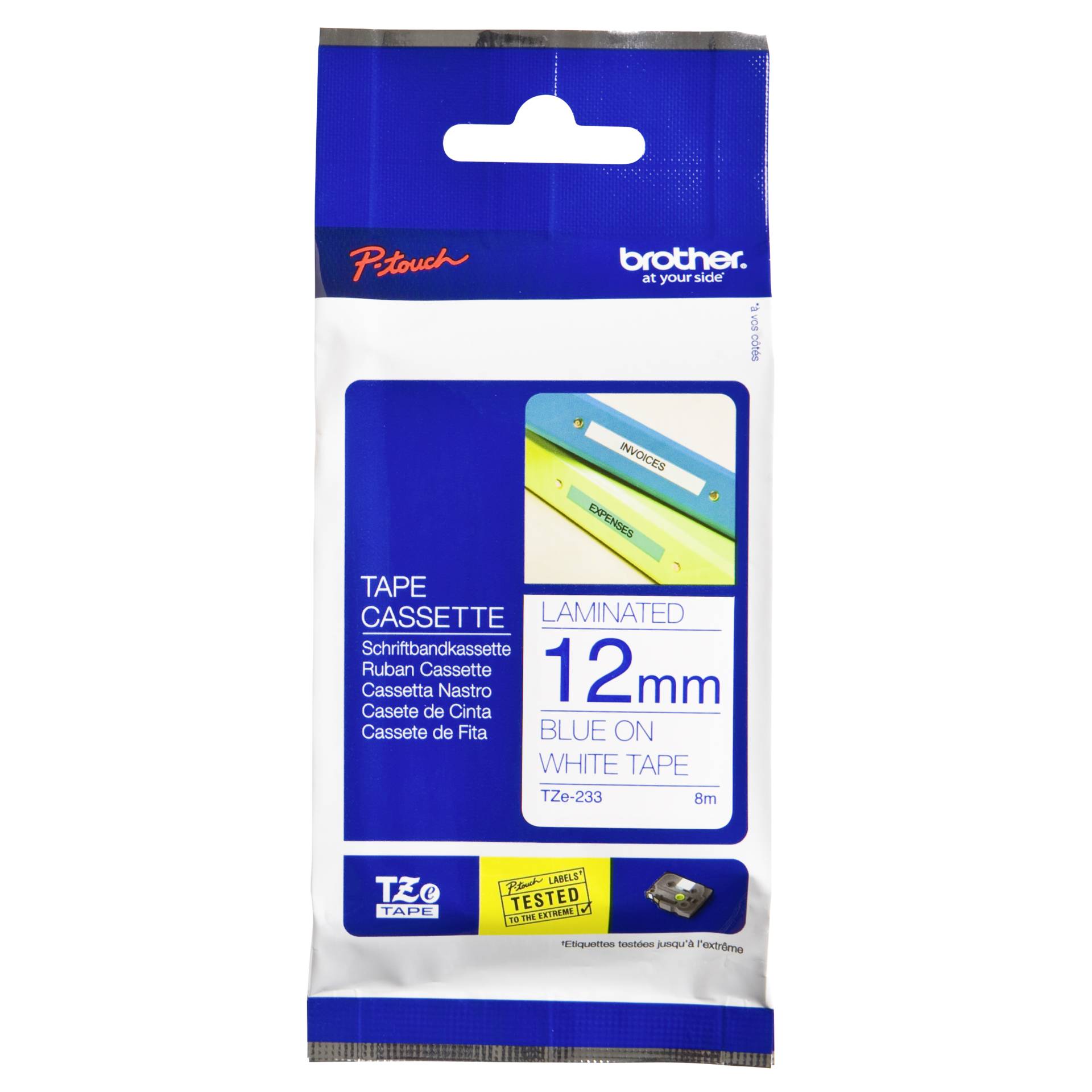 Brother Nastro per etichettatore TZE-233 bianco/blu 12 mm