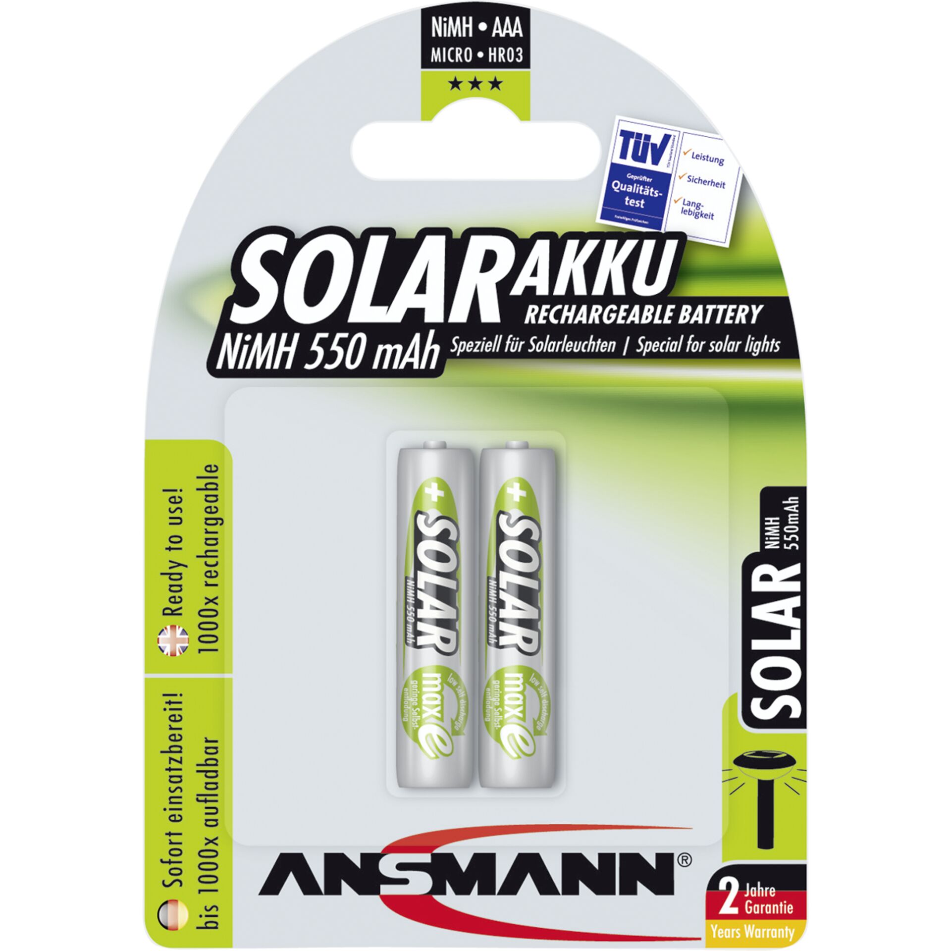 1x2 Ansmann maxE NiMH batteria Micro AAA 550 mAh SOLAR