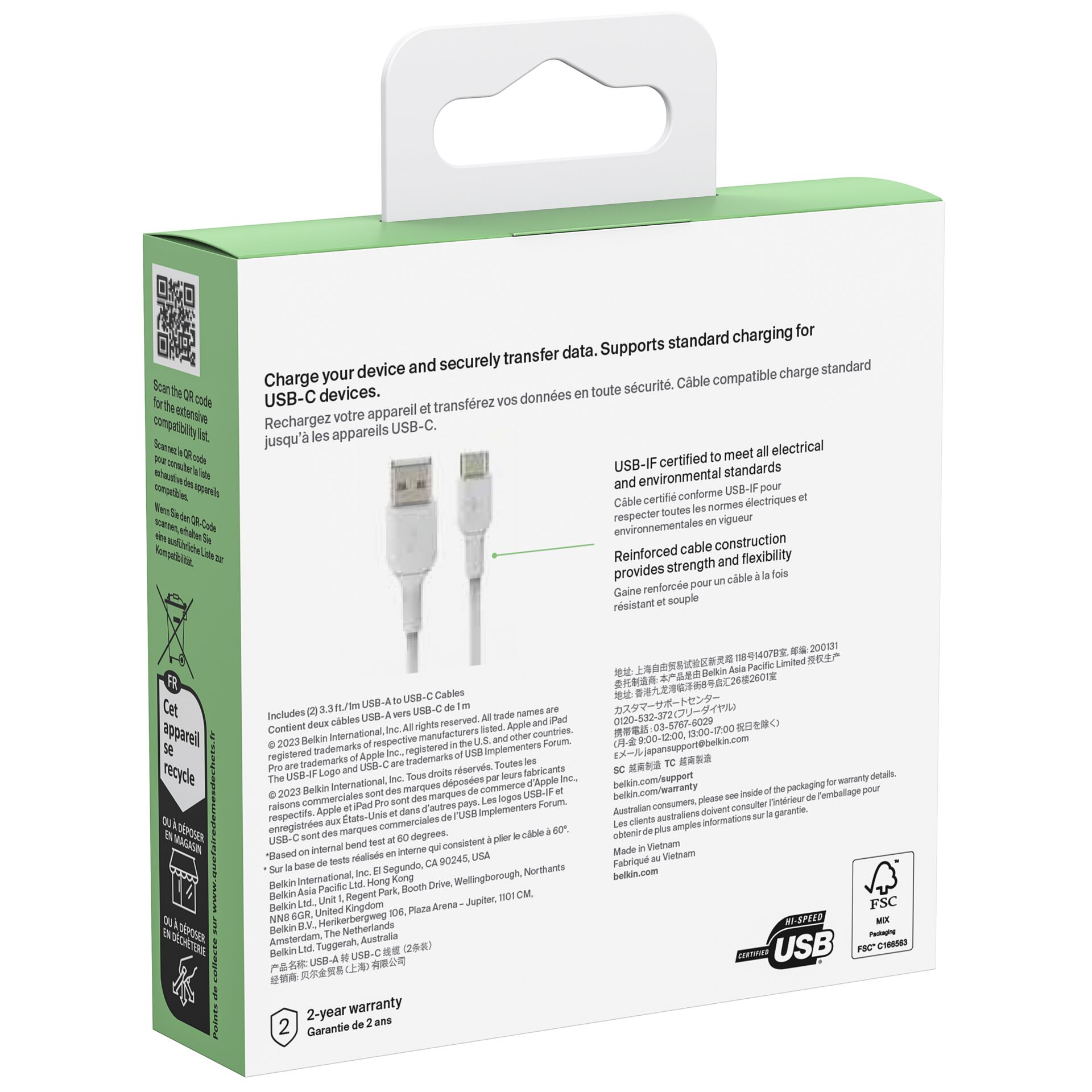 1x2 Belkin USB-C/USB-A PVC cavo 1m, conf.2pz.bia.CAB001bt1MW