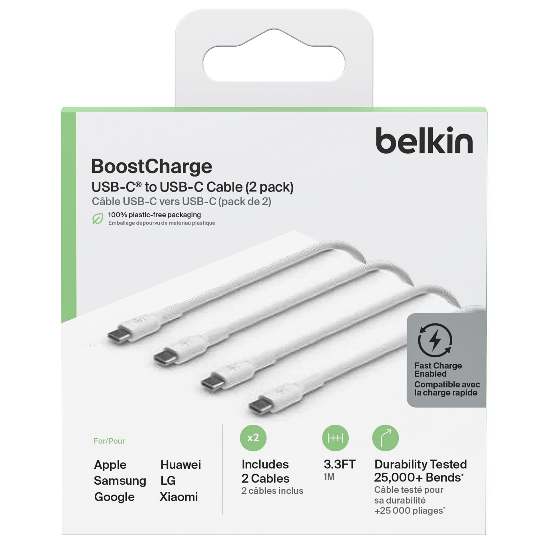 1x2 Belkin USB-C/USB-C 2.0 PVC 1m, conf.2pz.bia.CAB003bt1MWH