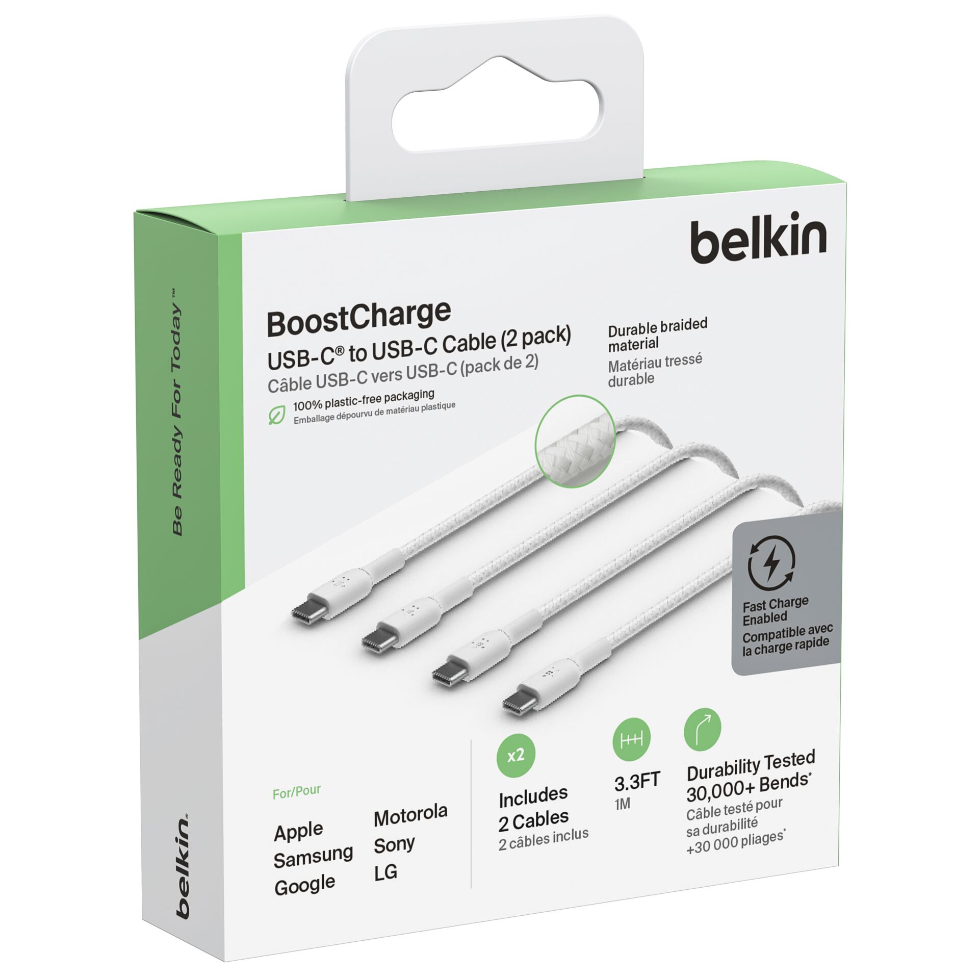 1x2 Belkin intrecc. cavo PVC. 1m USB-C/USB-C bia. CAB004bt1M