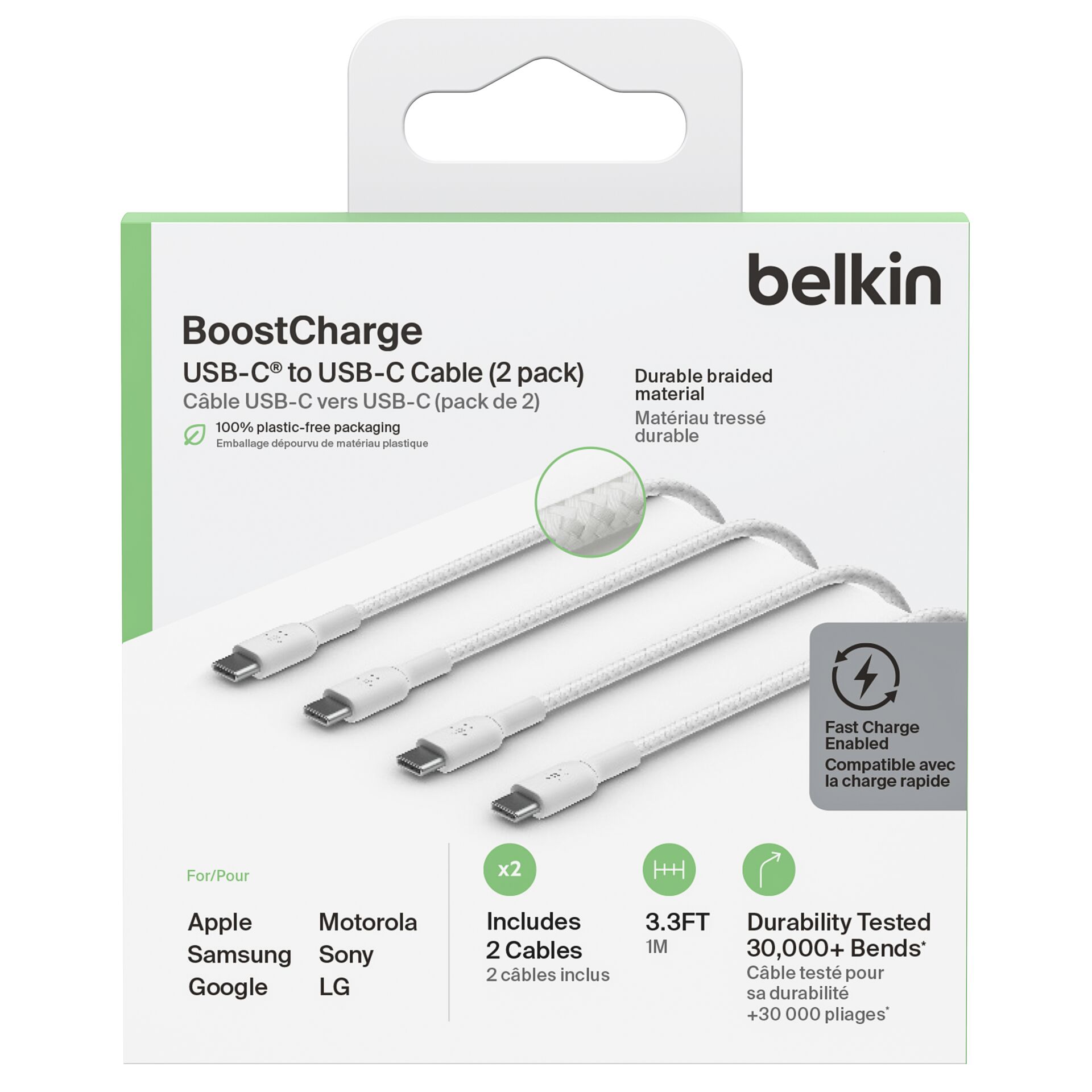 1x2 Belkin intrecc. cavo PVC. 1m USB-C/USB-C bia. CAB004bt1M