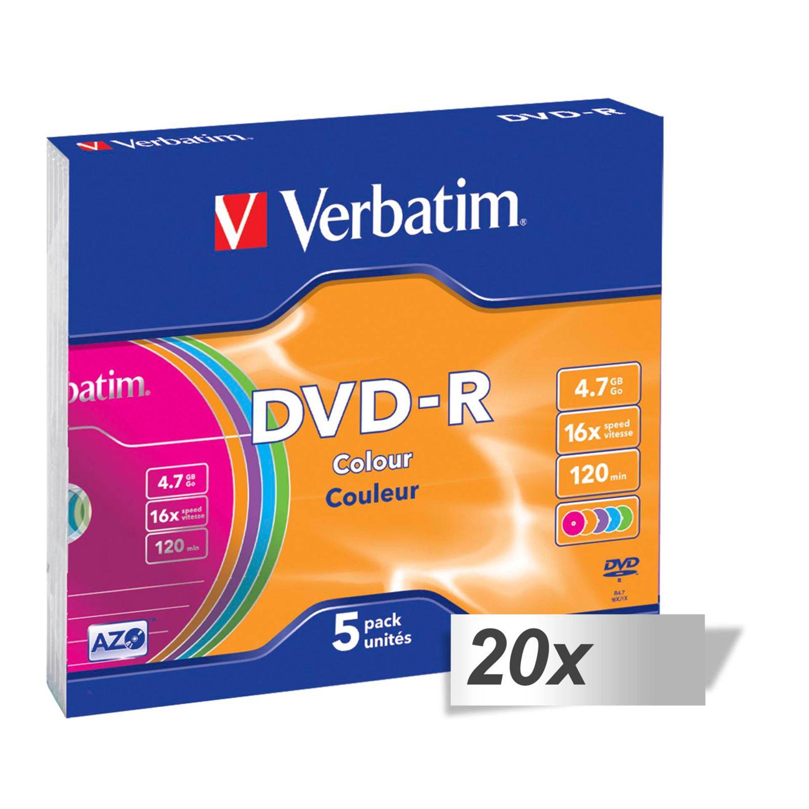 20x5 Verbatim DVD-R 4,7GB Colour 16x Speed, Slim custodia