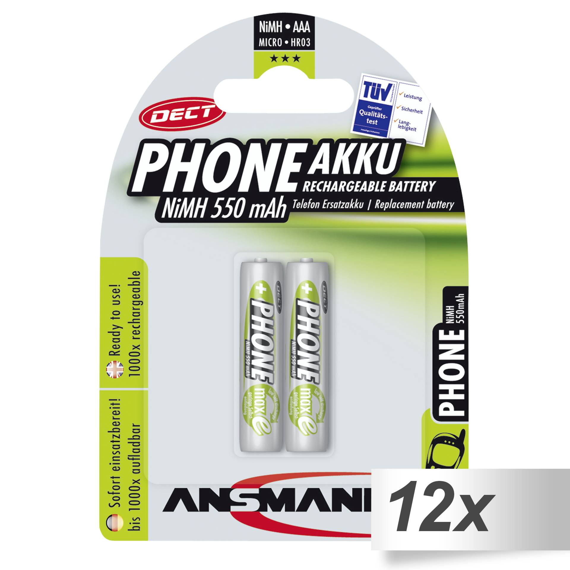 12x2 Ansmann maxE NiMH batt. Micro AAA 550 mAh DECT PHONE