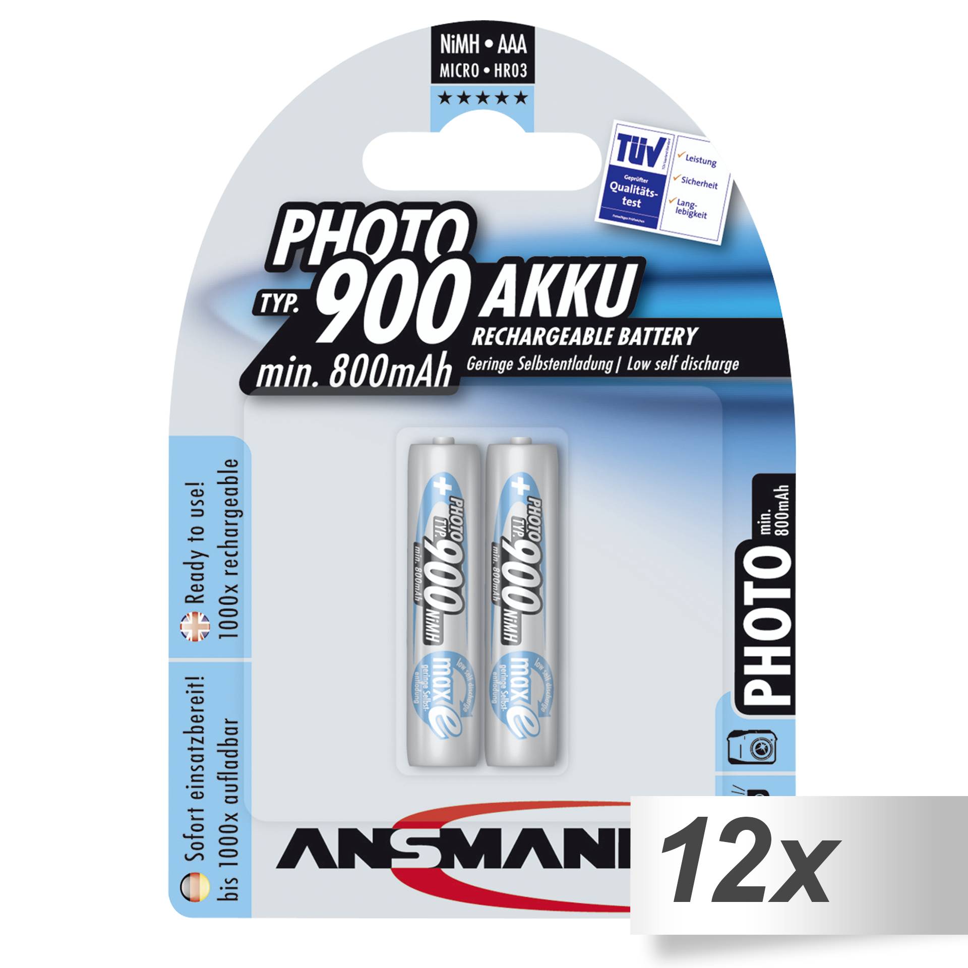 12x2 Ansmann maxE NiMH batt. 900 Micro AAA 800 mAh PHOTO