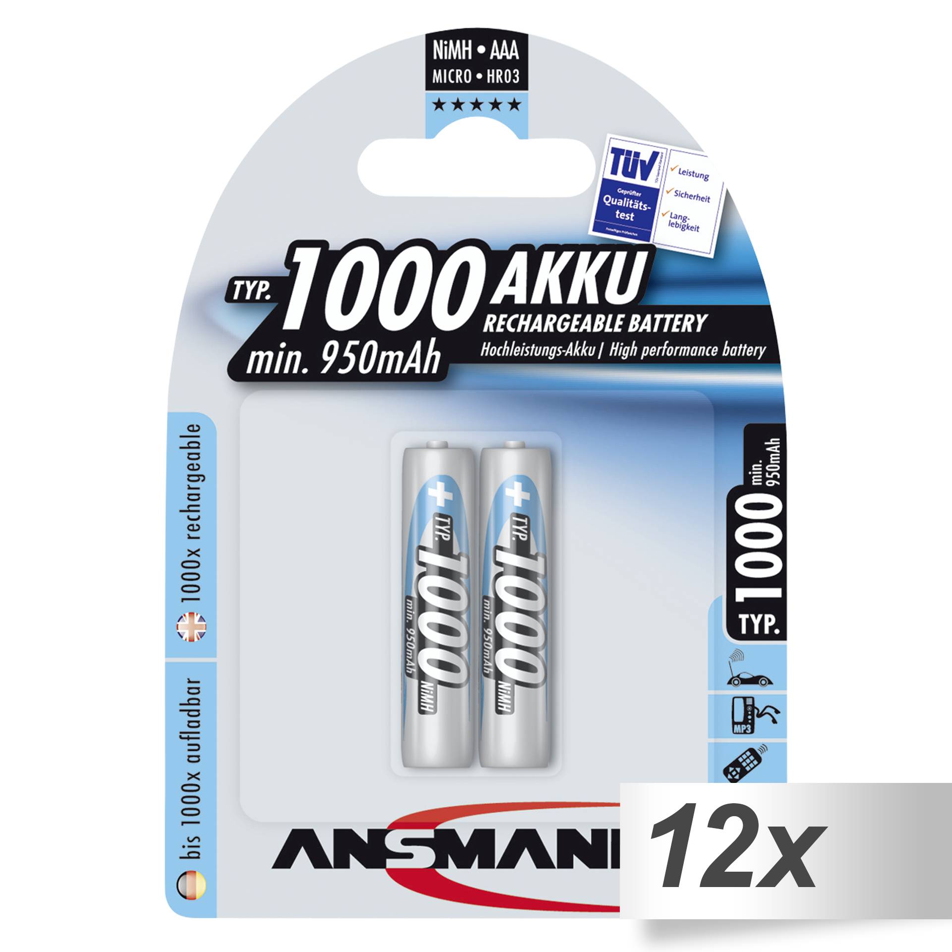 12x2 Ansmann NiMH batt. 1000 Micro AAA 950 mAh